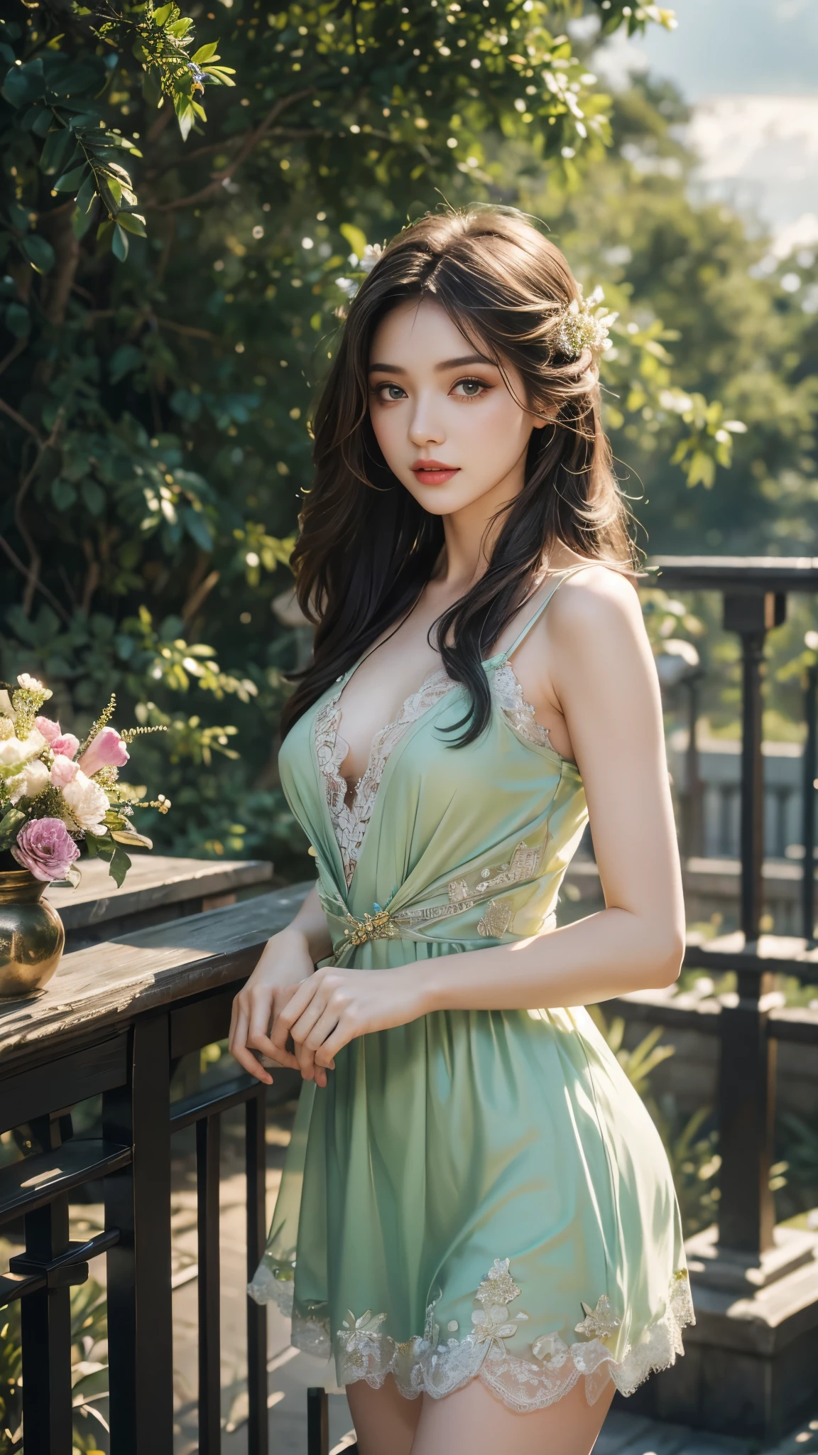 8K, UHD, masterpiece, 1 girl, good face, very long hair, detailed eyes, detailed lips, light makeup, small breasts, ((ornament dress)), green dress, ((strap lace)), stocking, in the cloud, cloudy sky, flowers, water, heaven, flying birds, dim lighting, realistic shadow, bloom, ray tracing,