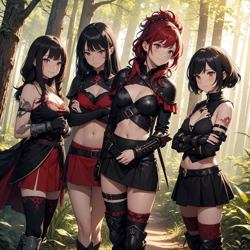 a group of beautiful witch in the middle of a forest in the night, tribal witch, wild girl, tribal tattoos, tribal clothing, ,multiple girls, five girls, light armor ,elbow pads, knee pads, red an black hair , red hair , standing girl young girl, gloves, elbow pads, boots, smiles,