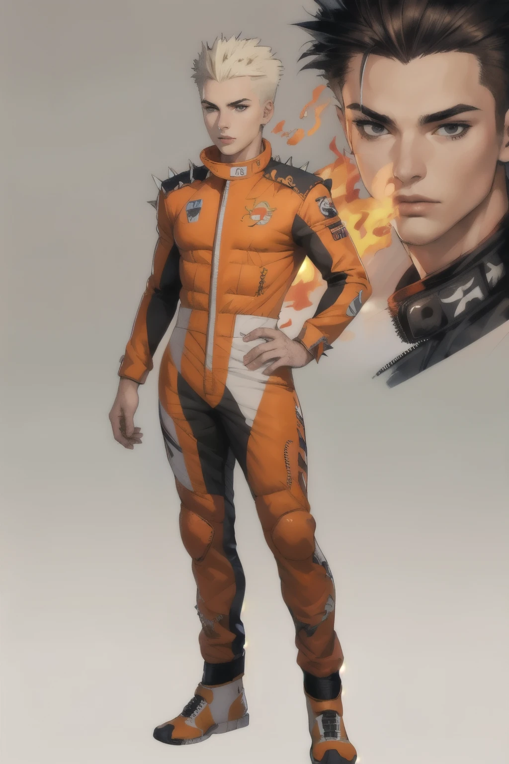 ((best quality)), ((artwork)), ((detailed)), young man, spiky hair, fire suit, full body.