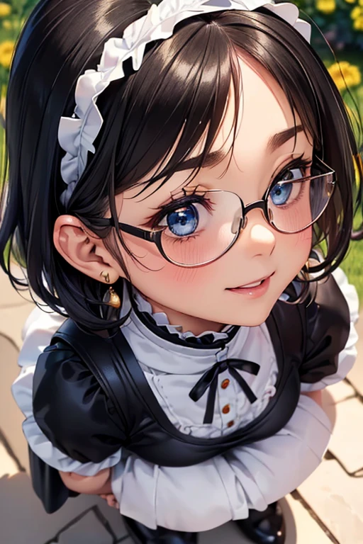 Highest quality,Photo quality,Ultra-high resolution,Professional Lighting,,Beautiful face like an actress、black eye、uniform、Twin tails、Open your mouth、cute、cute、cute、Glasses、whole body