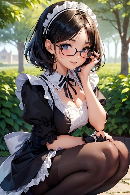 #基本
A girl is posing for a photo, ((One Girl)), (((Baby Face:1.2)) + ((cute:1.3))),
#A girl is posing for a photo, ((One Girl)), (((Baby Face)) + ((cute)) + 16 years old),
break
#Clothing Accessories
(((Black and white)Gothic Lolita style maid outfit) : Elegant + (Dirndl) + Gothic Lolita Fashion + Dark Gothic Lolita + (black corset) + ((Black and white)Headdress) + (White apron)), (Low denier black pantyhose:1.4), (Black High Heels), ((Black frame glasses)),
(Gold hoop earrings), (Silver Necklace),
break
#Features
((Black Hair)), (The forehead is visible:1.5), (Pixie Cut Hair : Very short hair + Curly hair + Hair that bounces out + Messy Hair),
((Droopy eyes), (Kind eyes), (blue eyes), (Big eyes:1.4)), (Small breasts),
break
#background environment
(noon, (The garden of a large Western-style mansion + grass + Garden of roses + The sun shines on the girl)),
#Facial Expression Pose
((smile:1.3), blush), ((squat:1.3), (Put your hand on your chin)),
#composition
(To the camera, (Focus from the side), (Cowboy Shot)),
break
#Body parts elements
(Slim figure),
(Detailed Hair, Beautiful Hair, Shiny Hair),
((Thin eyebrows), double eyelid, Long eyelashes),
((Expression of fine eyes), (Beautiful and delicate eyes), (Sparkling eyes), Eye Reflexes, Glitter Eyeliner),
(Human Ear),
(Beautiful Nose, Thin Nose),
(Glossy Lips, Beautiful Lips, Thick lips, Glossy Lips, Natural Cheeks),
((Detailed face), Symmetrical facial features),
((Detailed skin), Textured skin, Beautiful Skin, Glowing Skin, (Oily skin)),
break
#Quality Image Quality Common
(((Highest quality)), ((masterpiece)), ((Very detailed))), ((Ultra-high resolution)), ((16K, 1080P)), ((FHD)),
(Anatomically correct), (Realistic), (3DCG), (oil),
#Quality image illustration
((comics, anime)), (CG illustration),
#Quality Image Quality Other
(Line art), (Oil pastel),