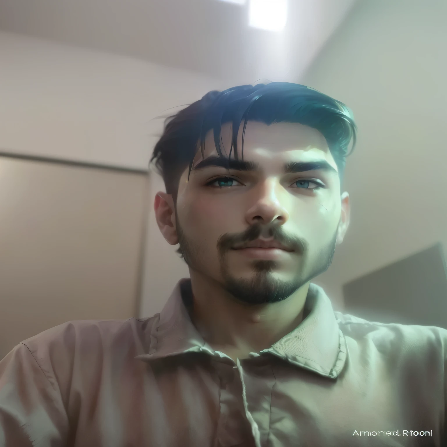 A man with a great hair style wearing Black Levi's T shirt and background is like gaming room worth million.