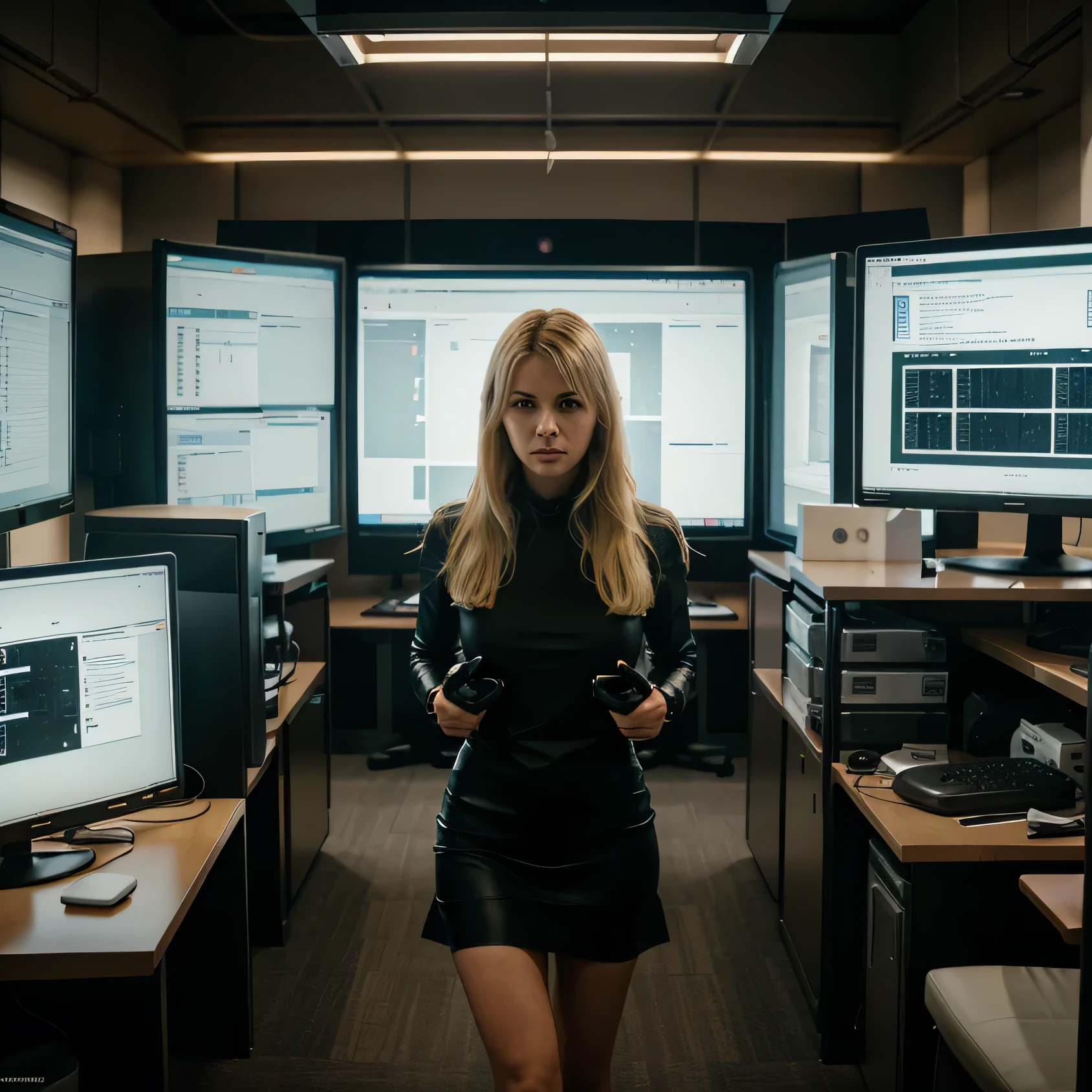 Imagine a scenario in which a blonde woman is tasked with infiltrating the lair of a group of fraudsters who operate in a room filled with computers and databases. As she navigates this environment, she becomes anxious and must find a way to stay focused and collected in order to accomplish her mission. Describe the setting, including the layout of the room, the types of databases and computers, and the emotional state of the protagonist. What tactics or strategies can she use to cope with her anxiety and successfully complete the mission?