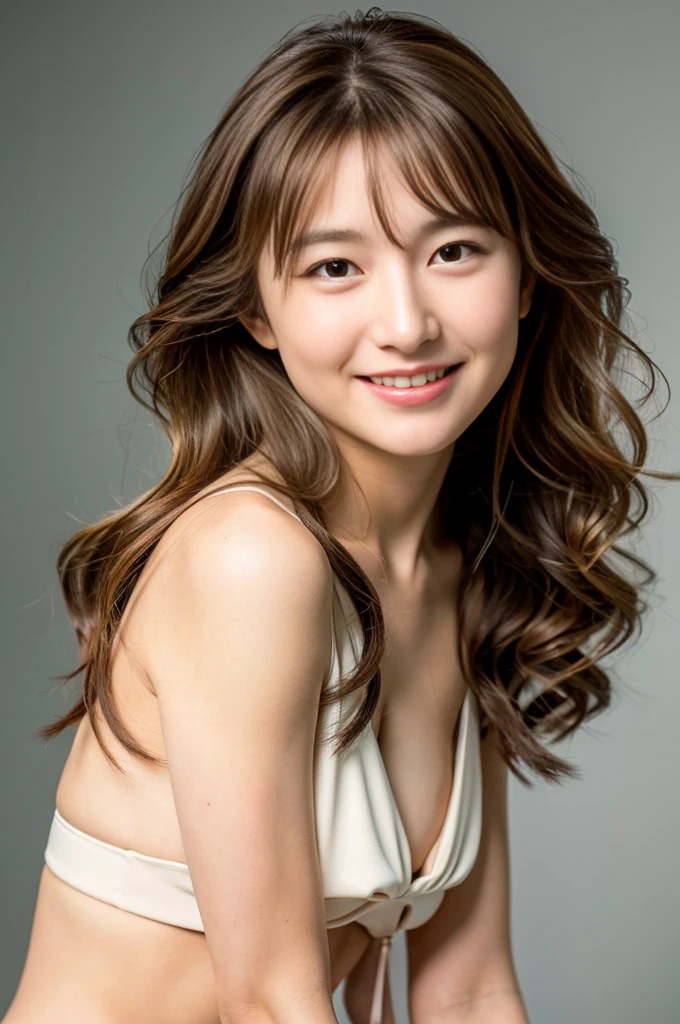 young Anri Sugihara, loose wavy hair、brown hair with highlights、Best image quality、simple white studio、Photo from the front, perfect nude body, uhd, 8k, very best quality, cinematic, masterpiece, looking at the camera, smile,