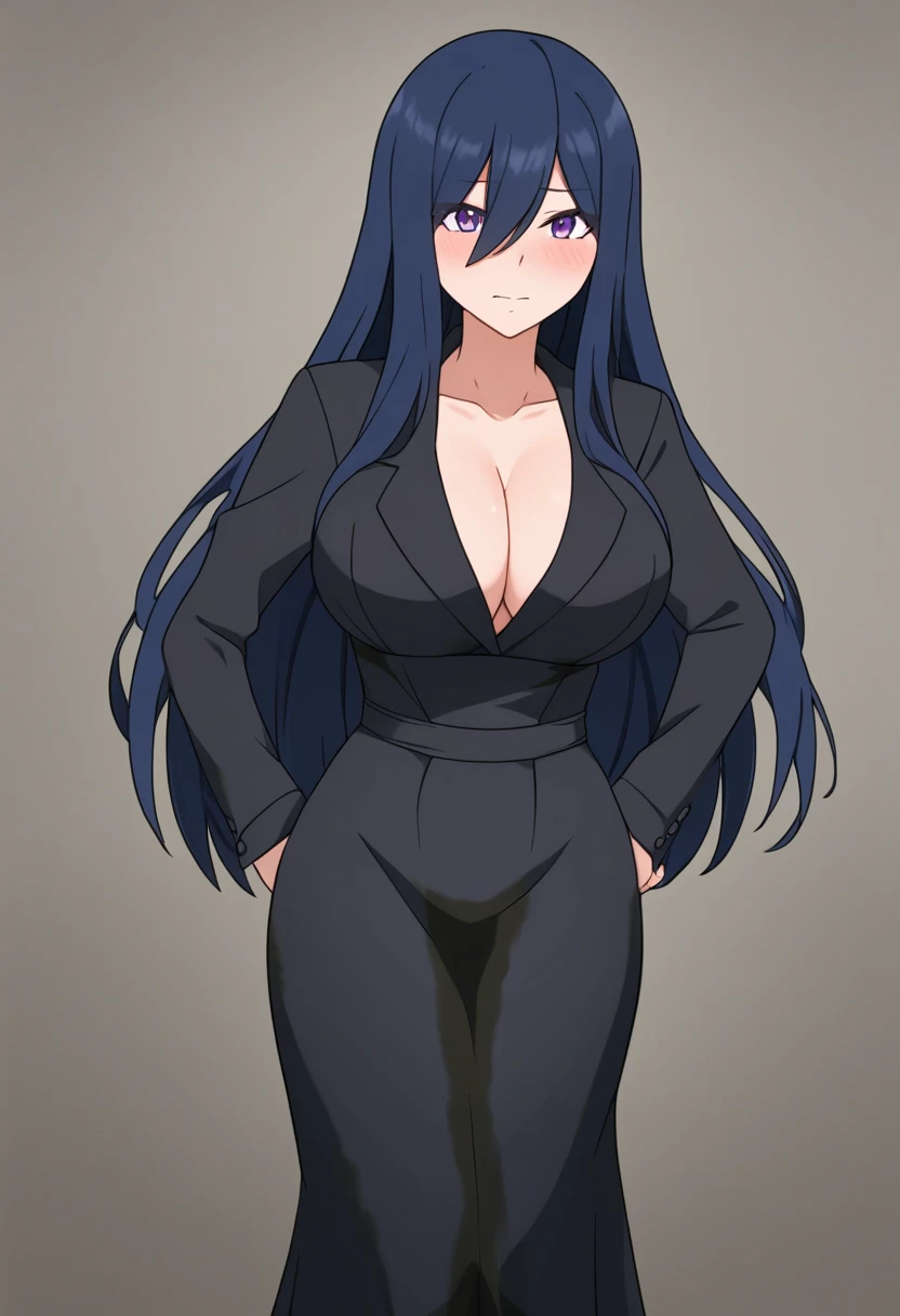 (high quality,Very detailed:1.37, High resolution), Woman, pokemoncynthia, large breasts, (very dark blue hair:1.5), hair over one eye, long hair, purple eyes, black coat, black dress, very long dress, skintight dress, coat, looking at viewer, masterpiece, best quality, (wetting herself:1.5), (embarrassed:1.5), (humiliation:1.5), (sweating:1.25), (blushing:1.5), (standing:1.5), (hands on hips:1.5)