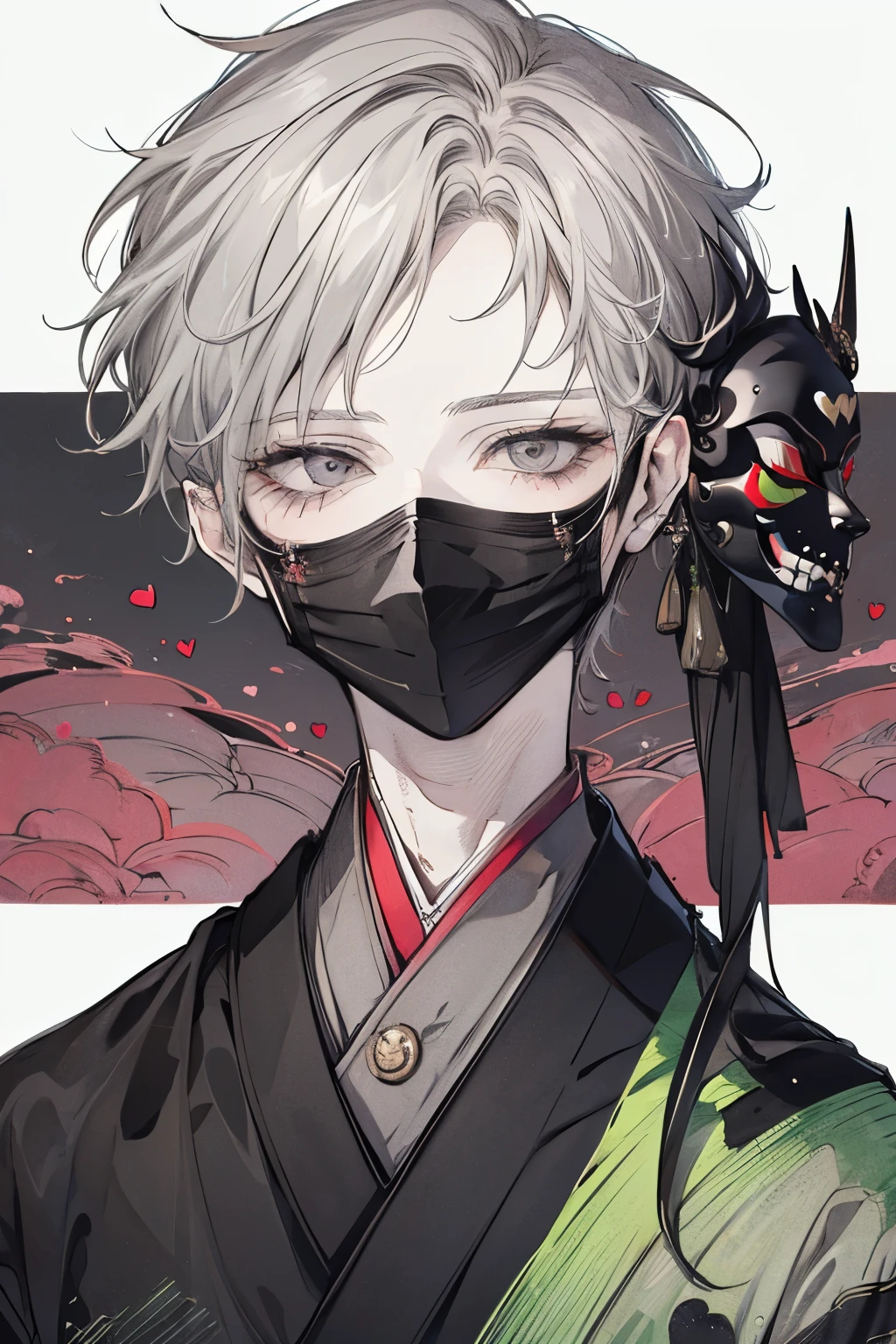 Beautiful young man, peridot-haired, (Gray eyes),(short wave hair:1.2), (black mask:1.2),((kimono cosplay、gradation costume:1.2)),clear wear,High quality, amount of drawing, pixiv illustration,(heart:1.2),close-up Face,red-cheek,(NSFW:1.0).