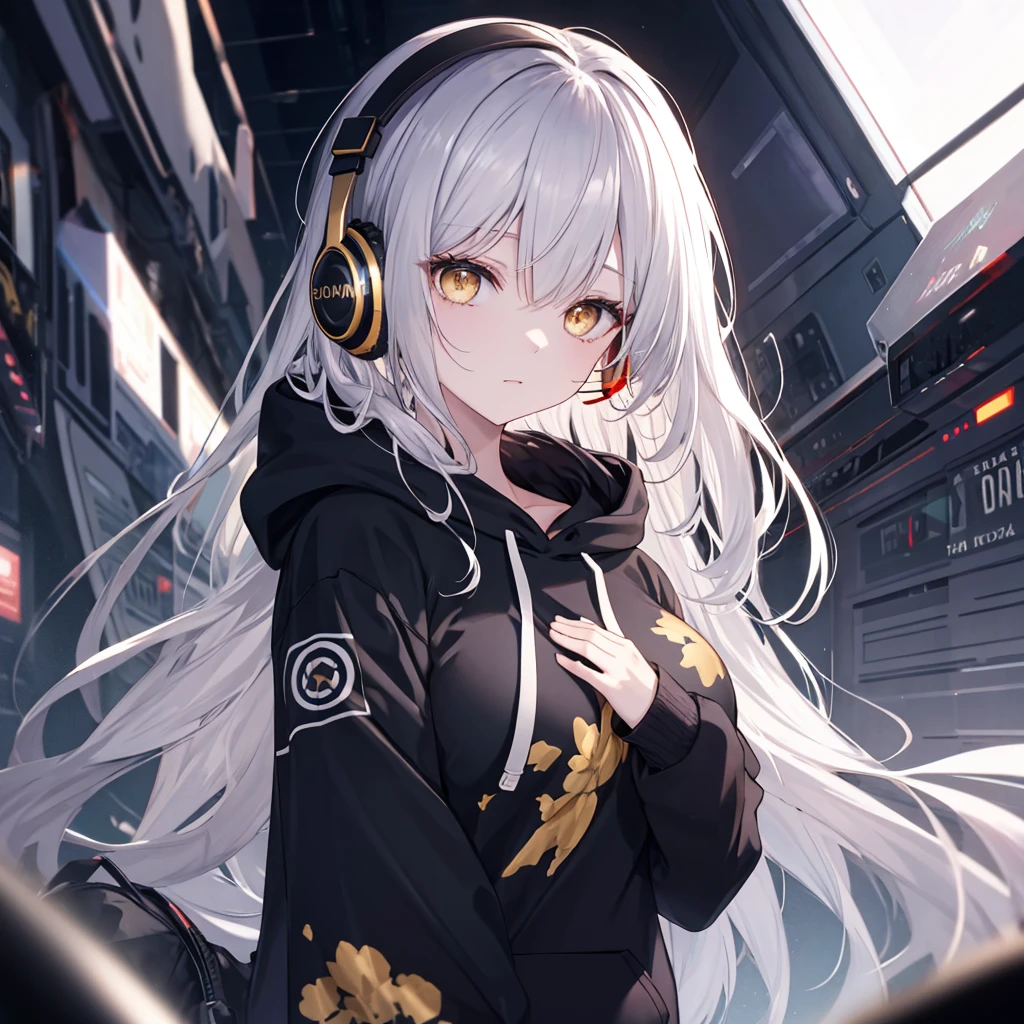 Golden Eyes、woman、Breasts、Silver Hair、Semi-long hair、Put on some cool headphones,
Black hoodie oversized,
MytH, beautiful and delicate
Golden Eyes、Black clothes,Solo,
Near future