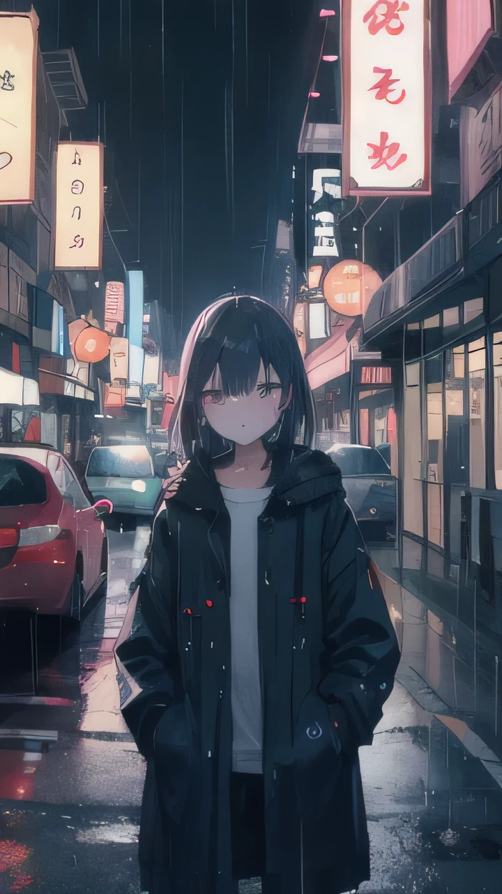 1 girl,night city,rain,coat,hands in pockets, neon lights lanterns, Car in the background