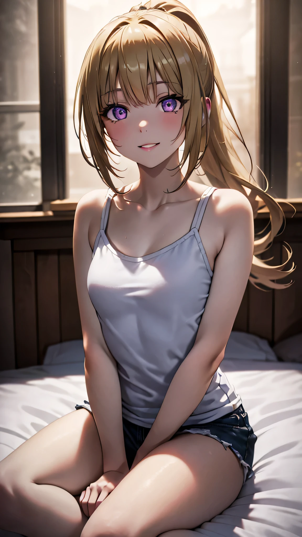 (masterpiece, best quality, absurdres), high quality, highres, ultra detailed, intricate, cinematic lighting, wallpaper, soft lighting, night, night light, close-up, looking at viewer, beautiful woman, 1girl, parted lips, kei Karuizawa, small breasts, blonde hair, bangs, long ponytail , detailed violet eyes, ((Super Realistic Detailed Eyes, glowing eyes)),  in bedroom, sitting on the bedpink lips, White tank top, White pantie, Smile, Outdoors, white skin, really white skin, white and pink skin, glowing eye