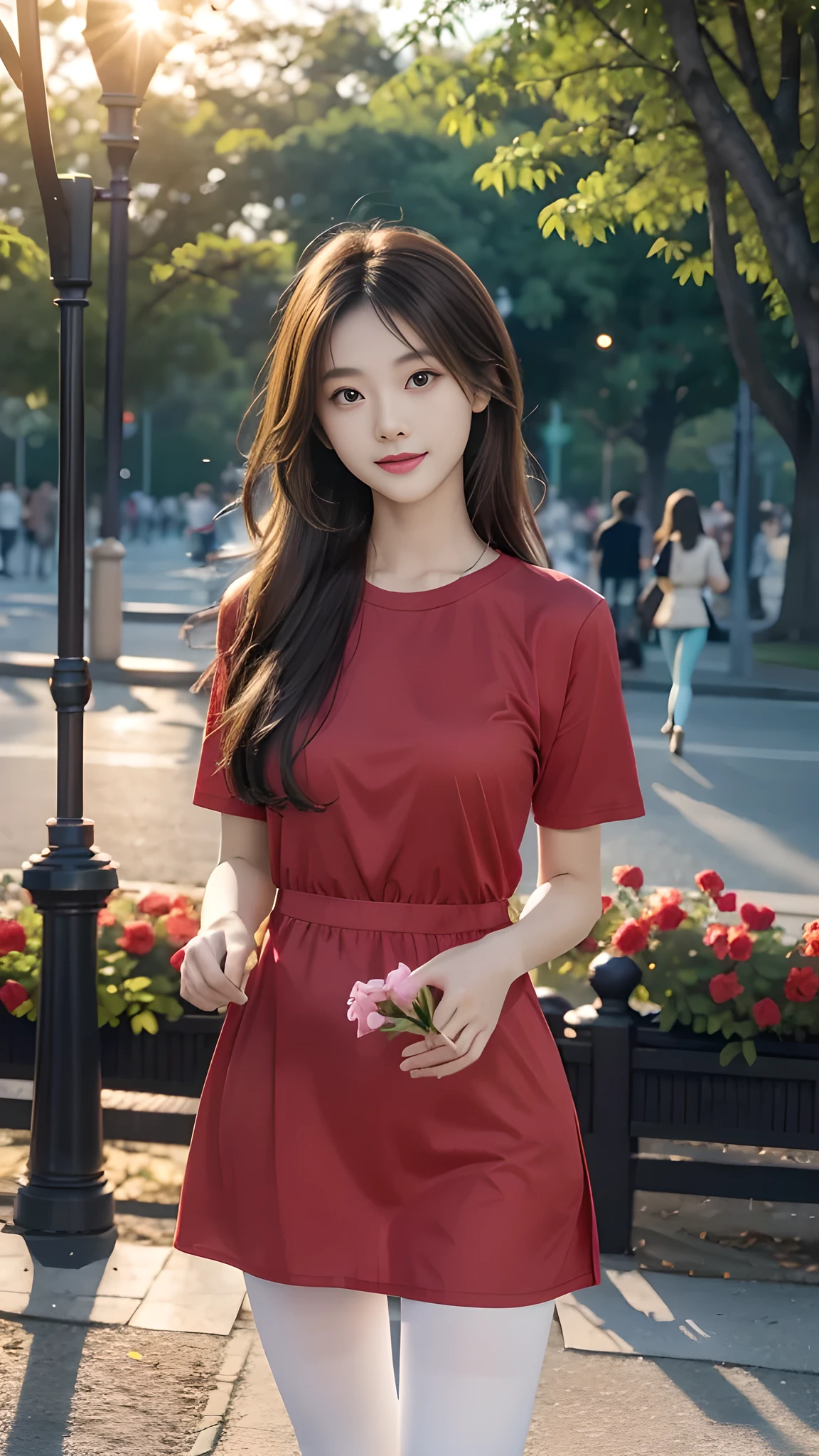 ulzzang-6500-v1.1, (RAW photo: 1.2), (Real photo), (Real photo: 1.4), 1 girl、Perfect anatomy、20 years old、Looking at the camera、Medium length hair、Red T-shirt, dress, Hand holding a bouquet of bright fresh flowers, ((in the park at sunset : 1.1))、(Hyperrealistic tights: 1.2), (Business service)、Asian eyes Ella,
