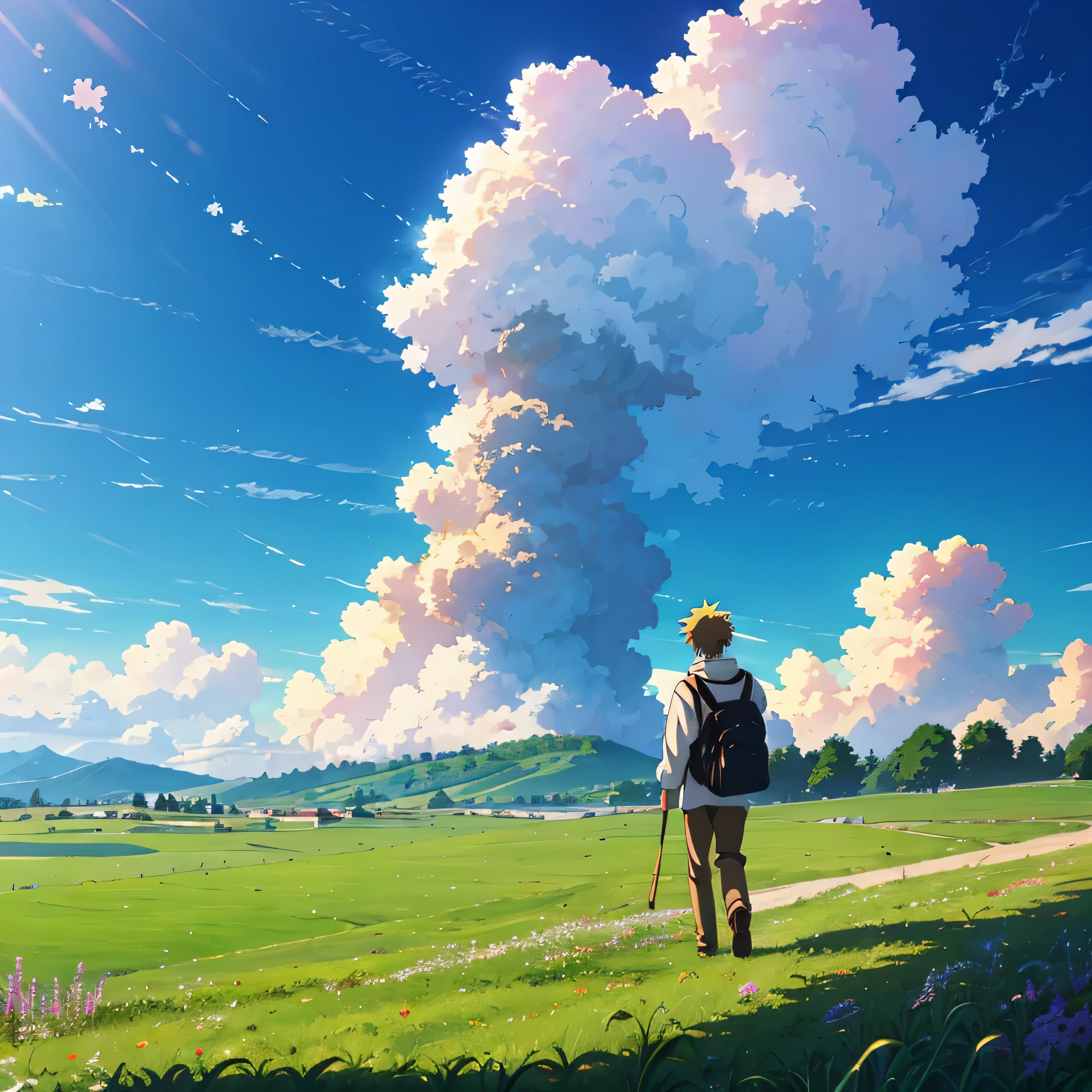 flower  field，Cute little girl standing among the flowers，Large clouds、blue-sky、Rice fields，There are neat rice seedlings in the field，ln the forest，hillside，Quiet，Rustic，high definition detail、Hyper-detailing、cinematic ligh、ultra-realistic realism、Soft light、Deep field focus bokeh、Ray tracing and surrealism。 --v6
