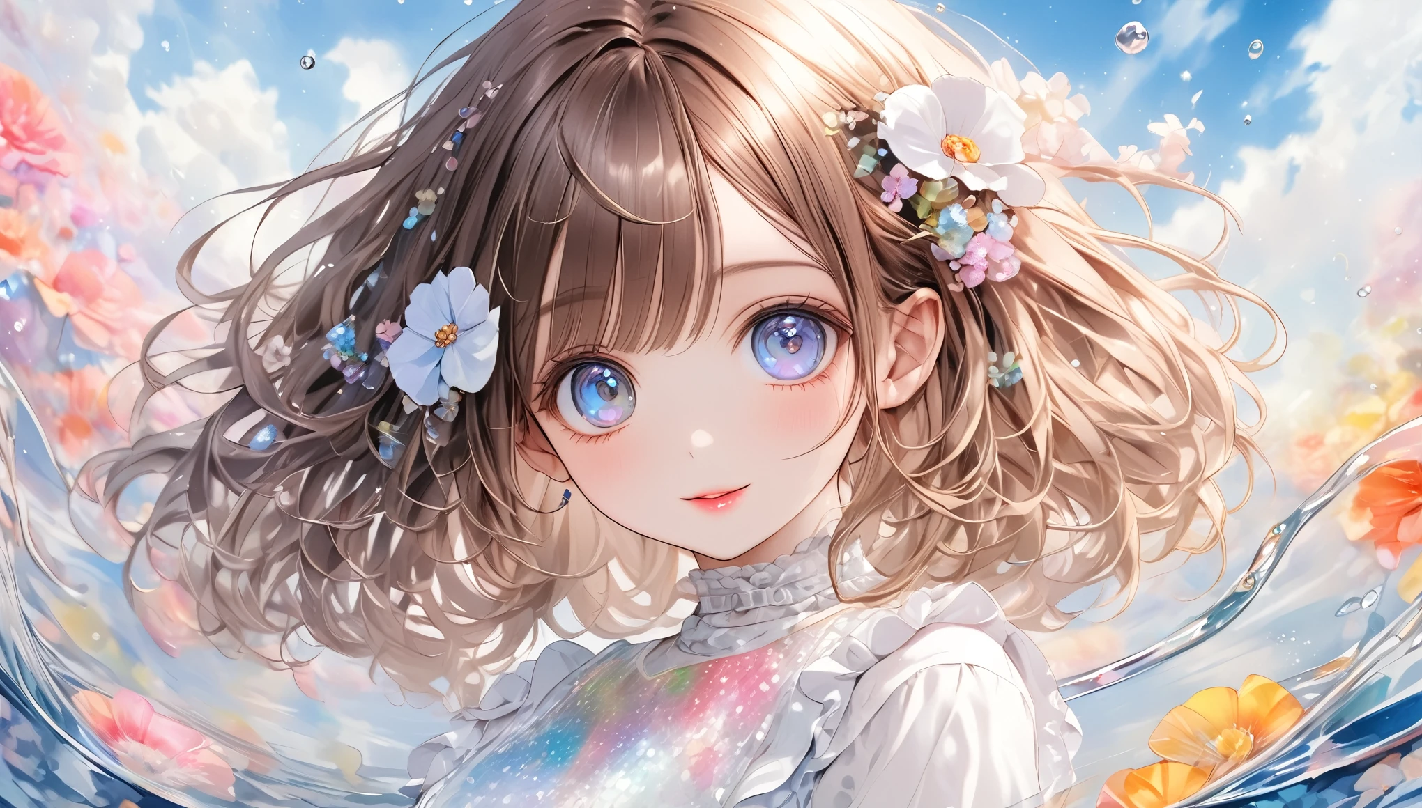 A fusion of watercolor and oil painting, Highest quality, スーパーcentreァイン, 16K, Incredibly absurd, Very detailed, 2.5D, Delicate and dynamic depiction, (the whole body is facing forward) ,(((The whole body is facing forward and staring straight at me))),beautiful girl,Lolita,15-year-old girl, Goddess white dress, (((Upper Body))),Brown long hair,Big eyes,Beautiful attention to detail, Beautiful lip detail, Very detailed顔, Attractive eyes, Long eyelashes, smile, Shy, Messy wavy short hair,(Dynamic pose) ,Tattoo on forehead, compensate, Best body shape, flower, Water Ripples, transparent, 半transparent, prism, Iridescent Sequins, (カラcentreル:1.1), (Abstract background:1.3)(brilliance, Skin)(Many colors:0.8)(centre, Weather:0.9), Portraiture, Prime lens, レンズcentreィルター, Clear subject, Background Sky, heaven, heavenly, Soft pastel color images,