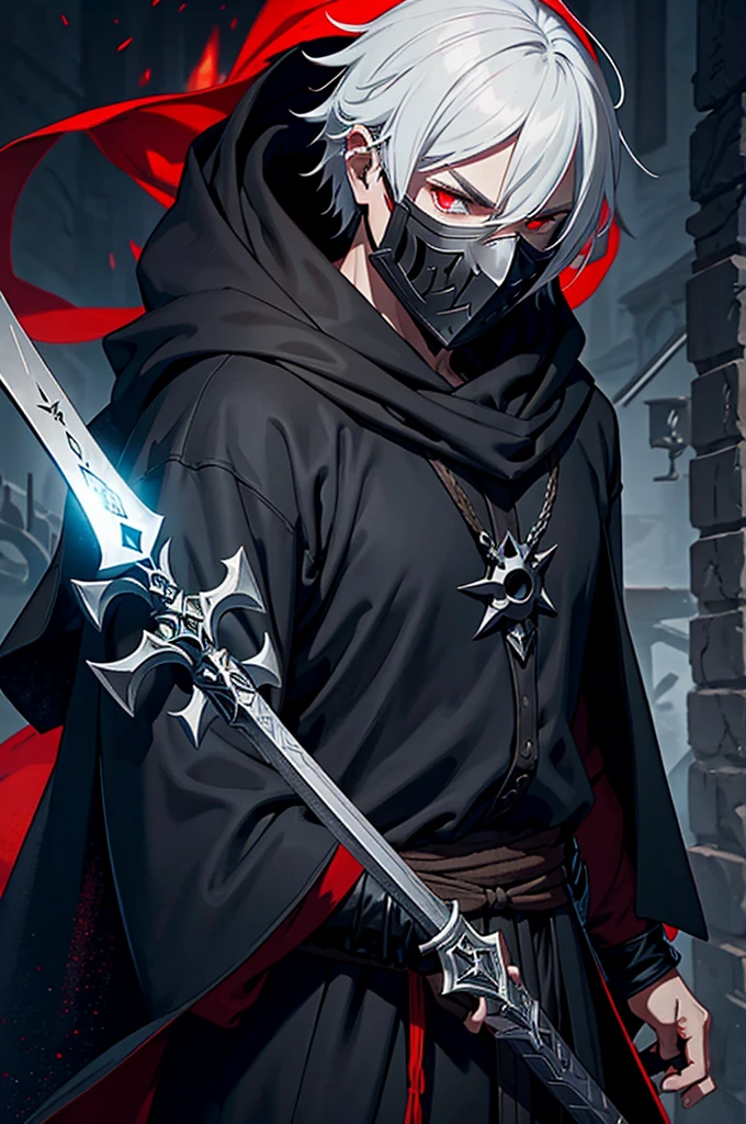 An assassin, male, fantasy character, physically strong, wearing a skull mask covering his face and eyes, dressed in black medieval attire, with a white hooded cloak over it, gray hair, short hair, red eyes, holding a dagger, nighttime background.