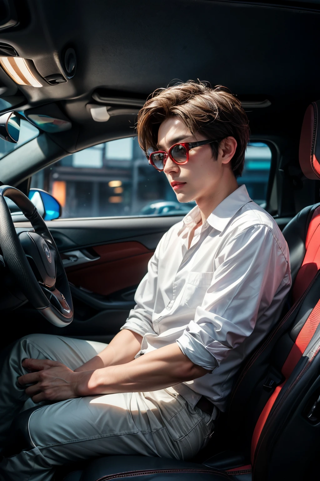 (front view:1.4), 1man white shirt, korean style, brown(spike hair), sunglasses, blurry_background, red neon light, holding the steer(fererri) inside the sports car(luxury interior of cabin), ((realistic))