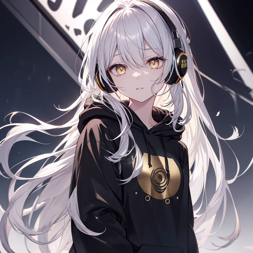 Golden Eyes、woman、Breasts、Silver Hair、Semi-long hair、Put on some cool headphones,
Black hoodie oversized,
MytH, beautiful and delicate
Golden Eyes、Black clothes,Solo,
Near future