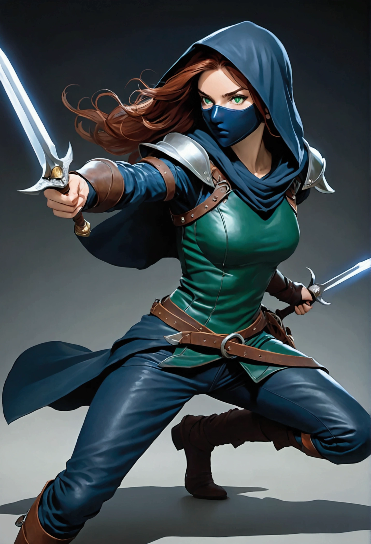 A female rogue from Dungeons and Dragons, 5'3", 135 pounds, green eyes, 19-years-old, auburn hair, Caucasian skin, fully hooded midnight blue leather armor, a mask covering the lower half of her face, wielding 2 daggers and ready to fight, concentrating, full body, skinny and fast,