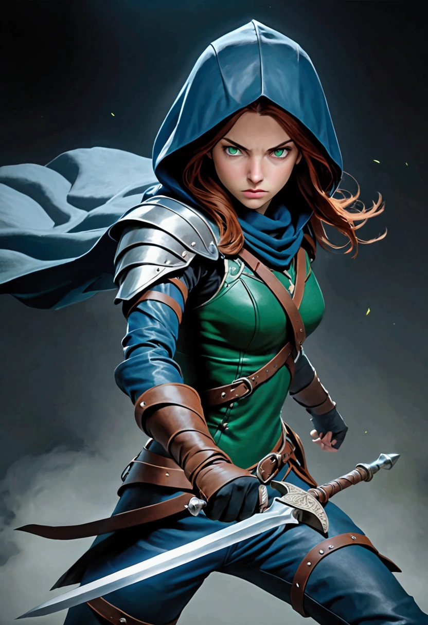 A female rogue from Dungeons and Dragons, 5'3", 135 pounds, green eyes, 19-years-old, auburn hair, Caucasian skin, fully hooded midnight blue leather armor, a mask covering the lower half of her face, wielding 2 daggers and ready to fight, concentrating, full body, skinny and fast,
