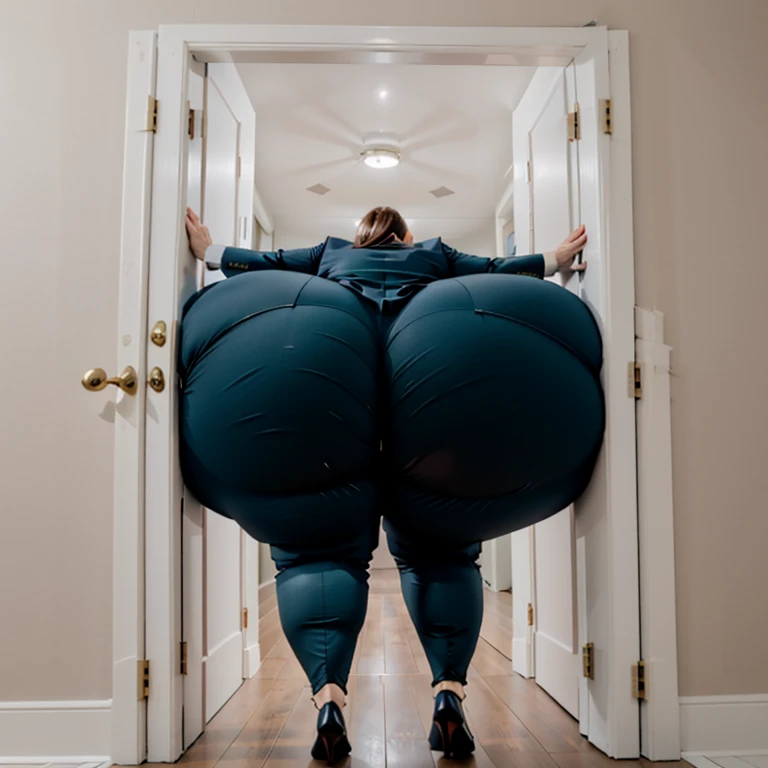 masterpiece, 1girl tall, fat, bottom heavy ssbbw british, 30 year old, behind a doorway, from behind, (doorstuck, stuckback:1.3), big belly, huge wide hips, massive butt, thick thighs, colorful clothing, wearing a green suit and tie and formal pants, upset, she tries to wiggle her big body through the door, but the door is too small and she is stuck tight, she kicks and swings her legs back and forth in a panic, she is way too big and round to fit through,, she looks behind at the viewer politely asking for some help as she tries to pull herself out with all her might, she swings her hips desperately