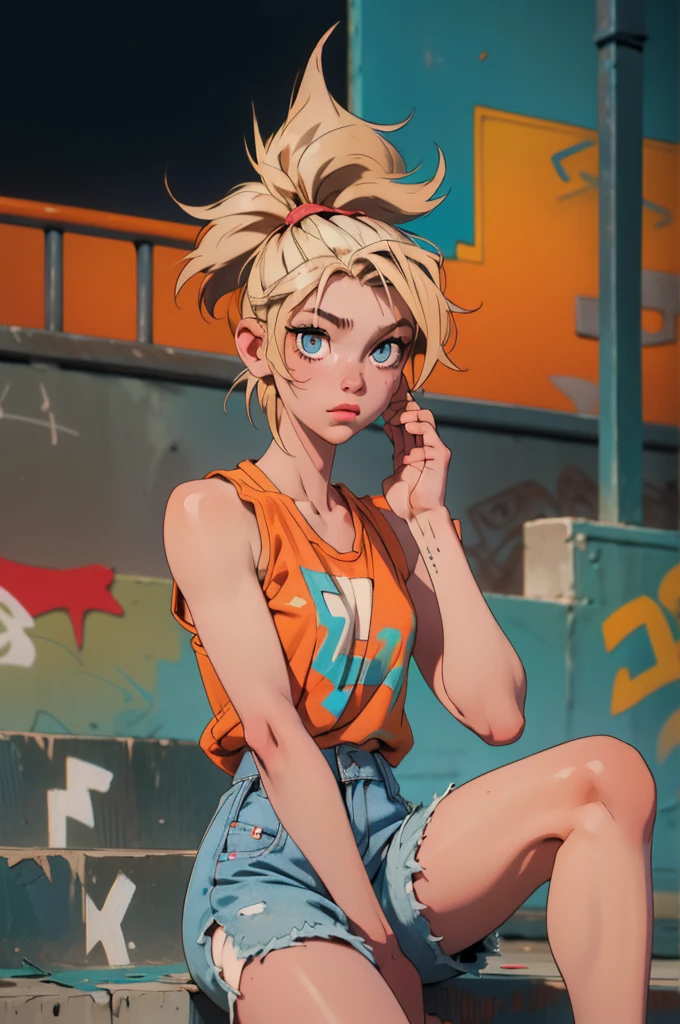 with short wavy blonde hair, hazel eyes, flat chest, wearing a white tank top with a colorful print, hazel Bermuda shorts, posing sitting on a staircase with graffiti, upper body, concrete staircase background with graffiti in a skate park, palm trees, depth on field, Dutch angle, afternoon light, evening, sunset, los angles