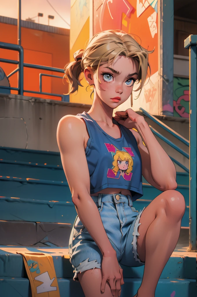 -yeld giwith short wavy blonde hair, hazel eyes, flat chest, wearing a white tank top with a colorful print, hazel Bermuda shorts, posing sitting on a staircase with graffiti, upper body, concrete staircase background with graffiti in a skate park, palm trees, depth on field, Dutch angle, afternoon light, evening, sunset, los angles