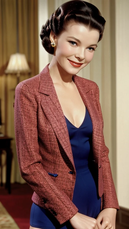 Vivien Leigh dressed in a blazer and colorful thong and smiling