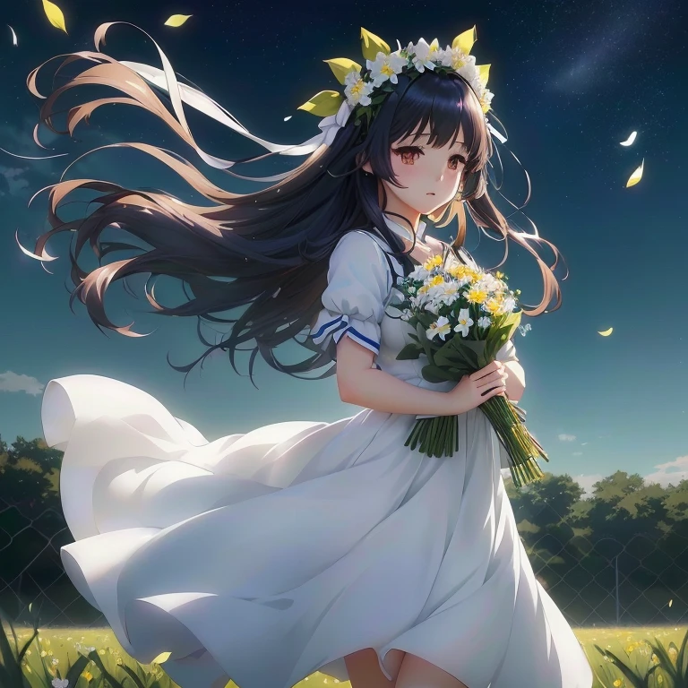 anime girl in white dress holding flowers in grassy field, anime moe artstyle, anime visual of a cute girl, official art, anime art wallpaper 8 k, hestia, official anime artwork, anime wallaper, anime style 4 k, anime art wallpaper 4 k, anime art wallpaper 4k, 4k anime wallpaper, flowers in her dark hair, hd anime wallaper