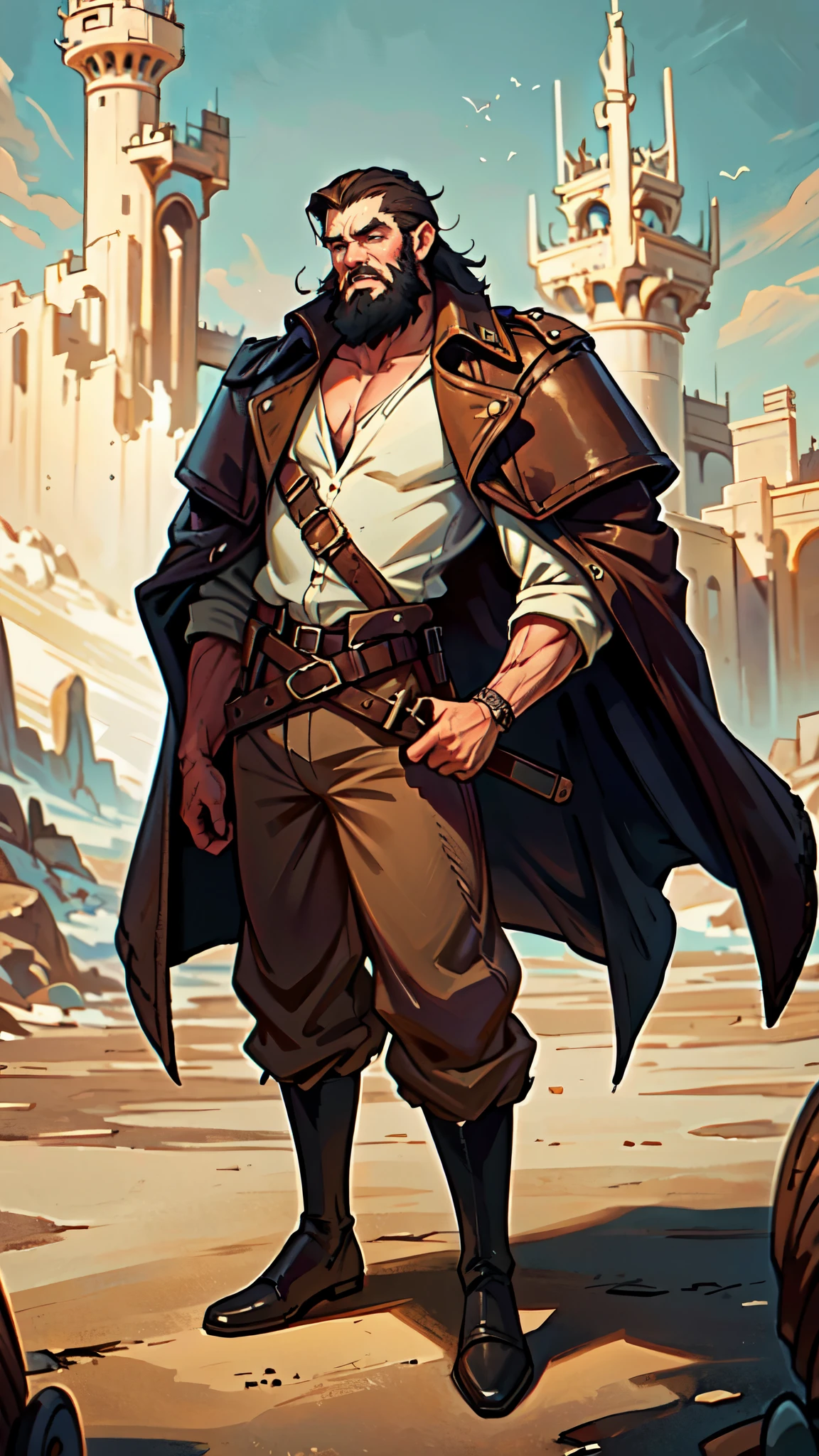 (masterpiece:1.2, best quality:1.2, extremely delicate:1.2), ((male:1.5)), a middle-aged man with short black and gold hair, rugged eyebrows, a full beard, downturned triangular eyes, an arrogant expression, mouth open laughing, a tall and robust build, a fantasy western-style cape and leather coat, his arms crossed over his chest, a leather utility belt, loose canvas trousers, standing majestically on a barren hillside, this character embodies a finely crafted fantasy western-style overlord in anime style, exquisite and mature manga art style, dramatic, high definition, highres, ultra-detailed, ultra-fine painting, professional, perfect body proportions, golden ratio, anatomically correct, symmetrical face, extremely detailed eyes and face, high quality eyes, creativity, RAW photo, UHD, 32k, Natural light, cinematic lighting, (masterpiece-anatomy-perfect:1.2)