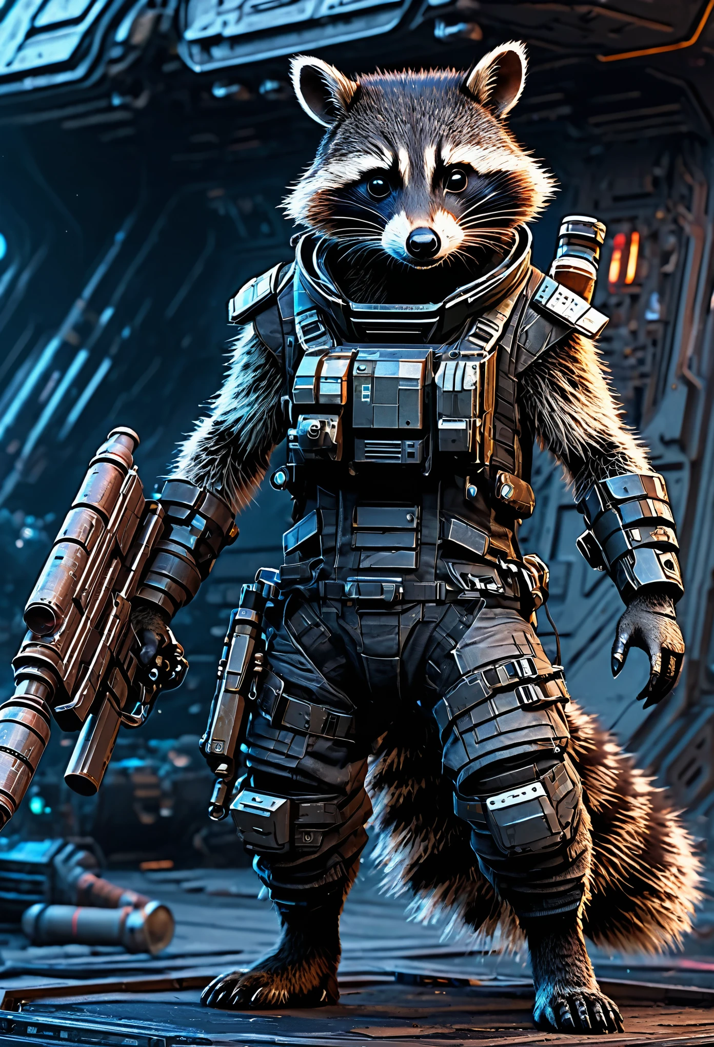 (masterpiece, best quality, very aesthetic, ultra detailed), intricate details, cyberpunk raccoon with a rocket launcher outside a spaceship