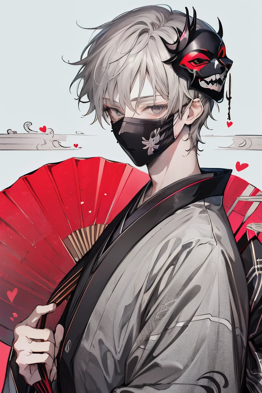 Beautiful young man, peridot-haired, (Gray eyes),(short wave hair:1.2), (black mask:1.2),((kimono cosplay、gradation costume:1.2)),(folding fan:1.3),High quality, amount of drawing, pixiv illustration,(heart:1.2),close-up Face,red-cheek,(NSFW:1.0).