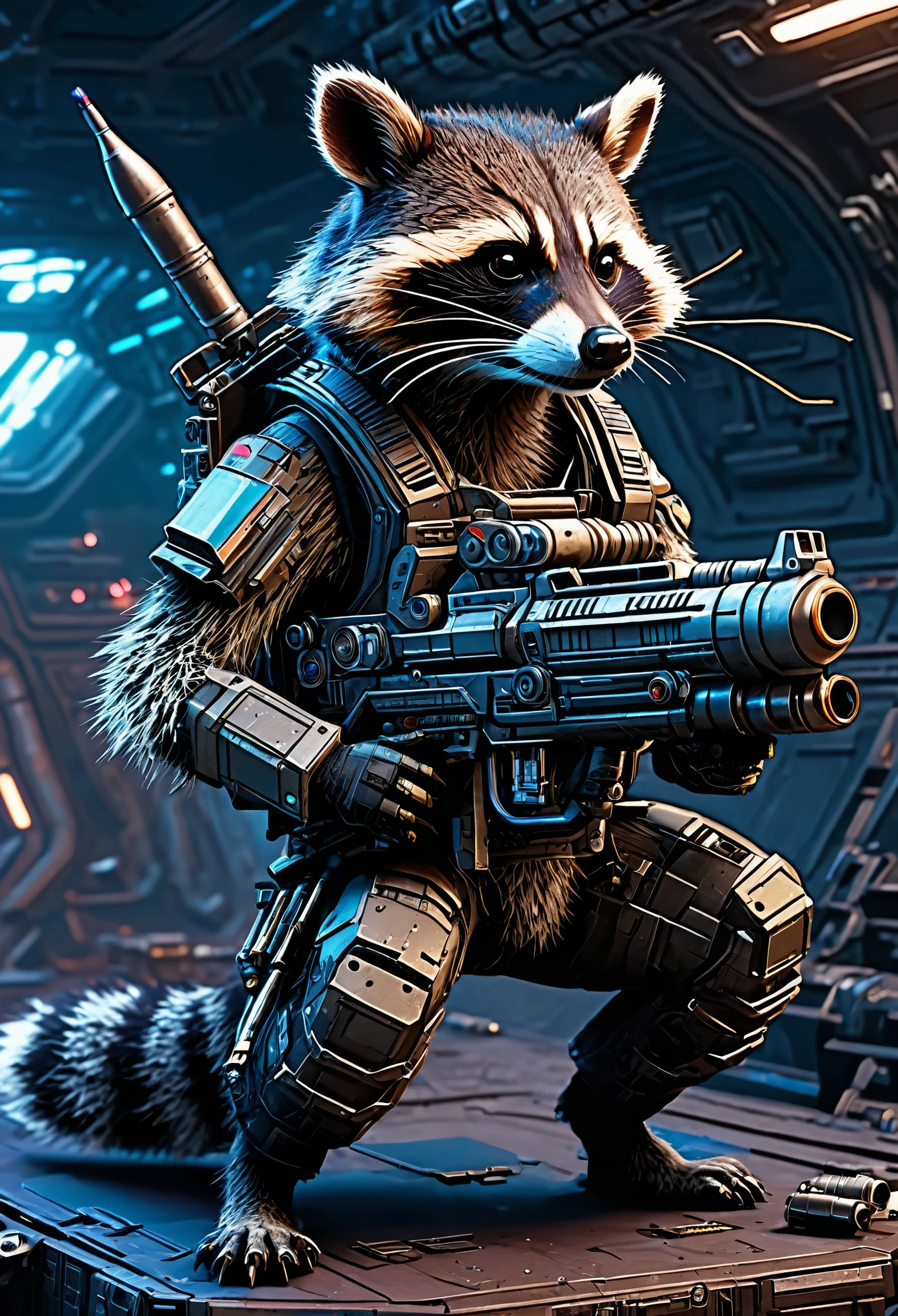 (masterpiece, best quality, very aesthetic, ultra detailed), intricate details, cyberpunk raccoon with a rocket launcher outside a spaceship