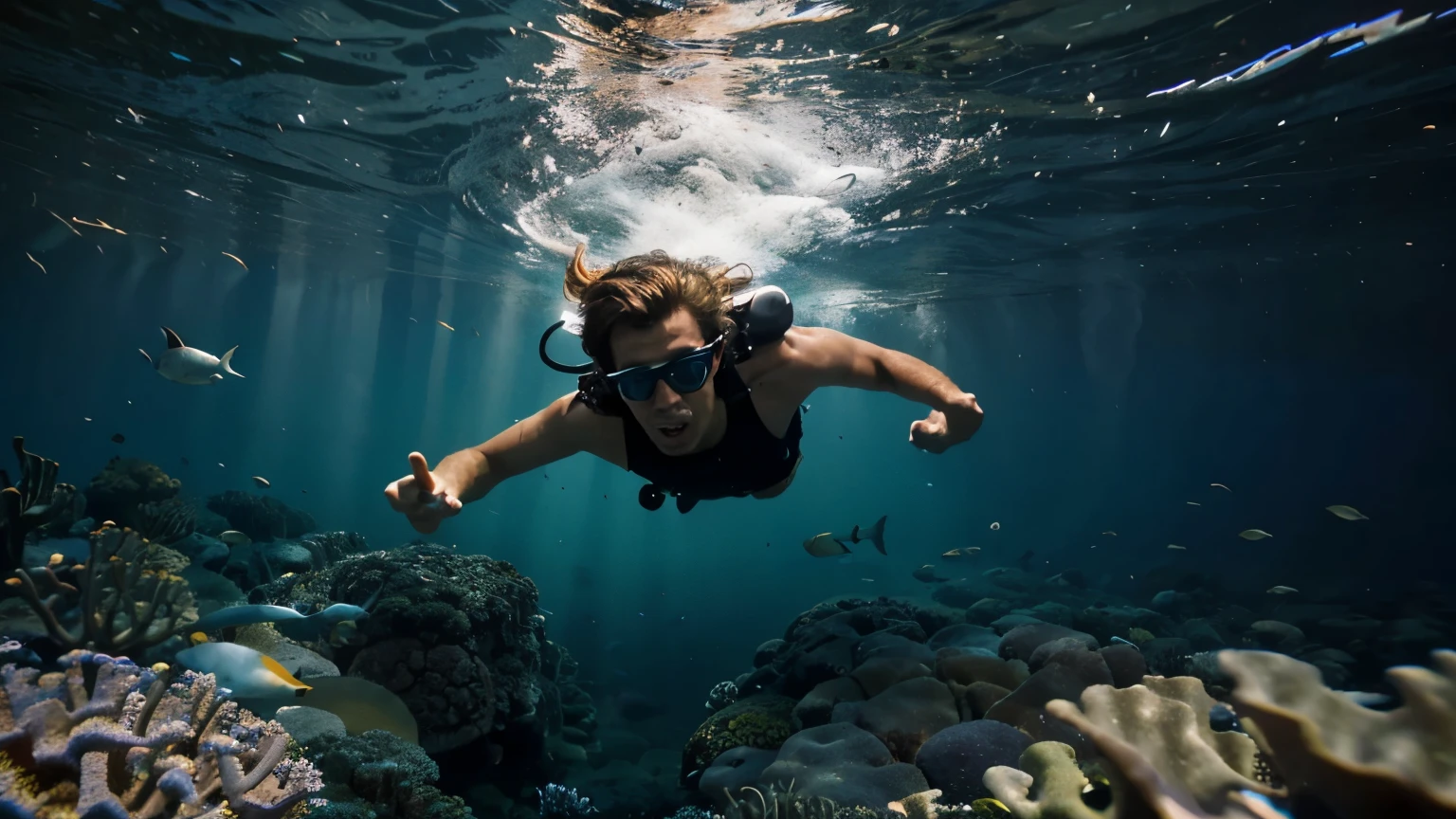 Man diving among a sea of ​​colorful fish