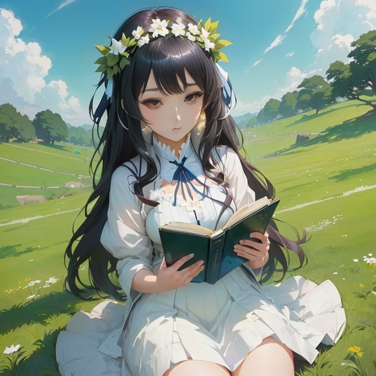 anime girl sitting on the grass reading a book, guweiz on pixiv artstation, artbook artwork, guweiz on artstation pixiv, artwork in the style of guweiz, anime moe artstyle, anime visual of a cute girl, beautiful anime girl, hestia, guweiz, beautiful anime portrait, cute anime girl, beautiful anime art