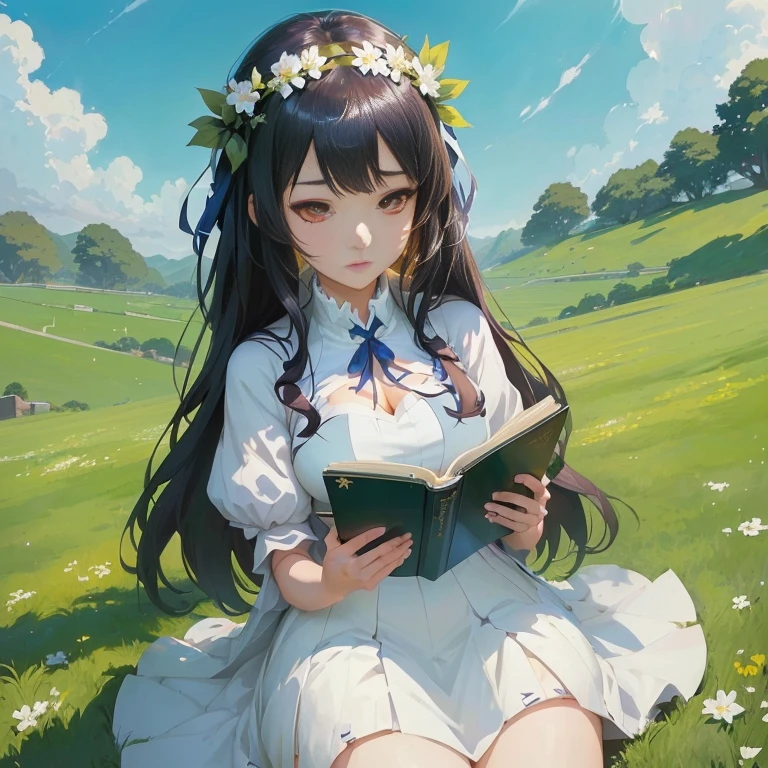 anime girl sitting on the grass reading a book, guweiz on pixiv artstation, artbook artwork, guweiz on artstation pixiv, artwork in the style of guweiz, anime moe artstyle, anime visual of a cute girl, beautiful anime girl, hestia, guweiz, beautiful anime portrait, cute anime girl, beautiful anime art