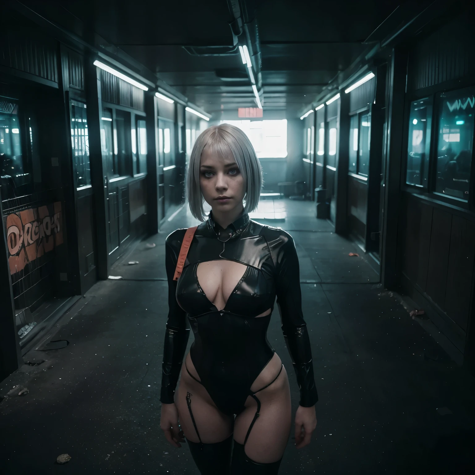 (Best Quality,hight resolution,Masterpiece, half body shot:1.2),Ultra-detailed,woman dressed in a very tight military leotard,sickly,standing with a dark cyberpunk city in the background, she's wearing a very sexy camuflage military bodysuit, cyberpunk alley in the background, tactical bodysuit, noir cyberpunk, perfect body, sensual pose,full body shot, horror vibes, centered subject,gloomy ecstasy,fetish,dark gloomy atmosphere, creepy atmosphere, gritty texture,Retro-atmosphere,warped reality,melancholic expression on his face,mysterious aura,foggy atmosphere,foggy background,Subtle color palette,provocative pose,Strong emotions,Coming Out of the Depths of Despair,Piercing gaze,intense shadows,Plunged in Darkness,dark industrial aesthetic,ominous vibe,A supernatural sensation,Loss of Place in Time and Space,Eerie silence.asymmetrical bangs, freckles, white short hair, Bangs, freckles, gray eyes,