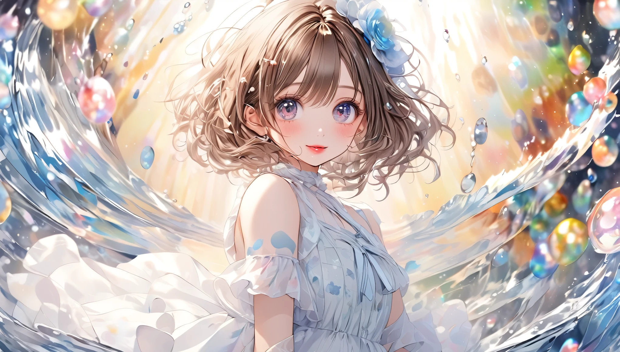 A fusion of watercolor and oil painting, Highest quality, スーパーcentreァイン, 16K, Incredibly absurd, Very detailed, 2.5D, Delicate and dynamic depiction, (the whole body is facing forward) ,(((The whole body is facing forward and staring straight at me))),beautiful girl,Lolita,15-year-old girl, Goddess white dress, (((Upper Body))),Brown long hair,Big eyes,Beautiful attention to detail, Beautiful lip detail, Very detailed顔, Attractive eyes, Long eyelashes, smile, Shy, Messy wavy short hair,(Dynamic pose) ,Tattoo on forehead, compensate, Best body shape, flower, Water Ripples, transparent, 半transparent, prism, Iridescent Sequins, (カラcentreル:1.1), (Abstract background:1.3)(brilliance, Skin)(Many colors:0.8)(centre, Weather:0.9), Portraiture, Prime lens, レンズcentreィルター, Clear subject, Background Sky, heaven, heavenly, Soft pastel color images,