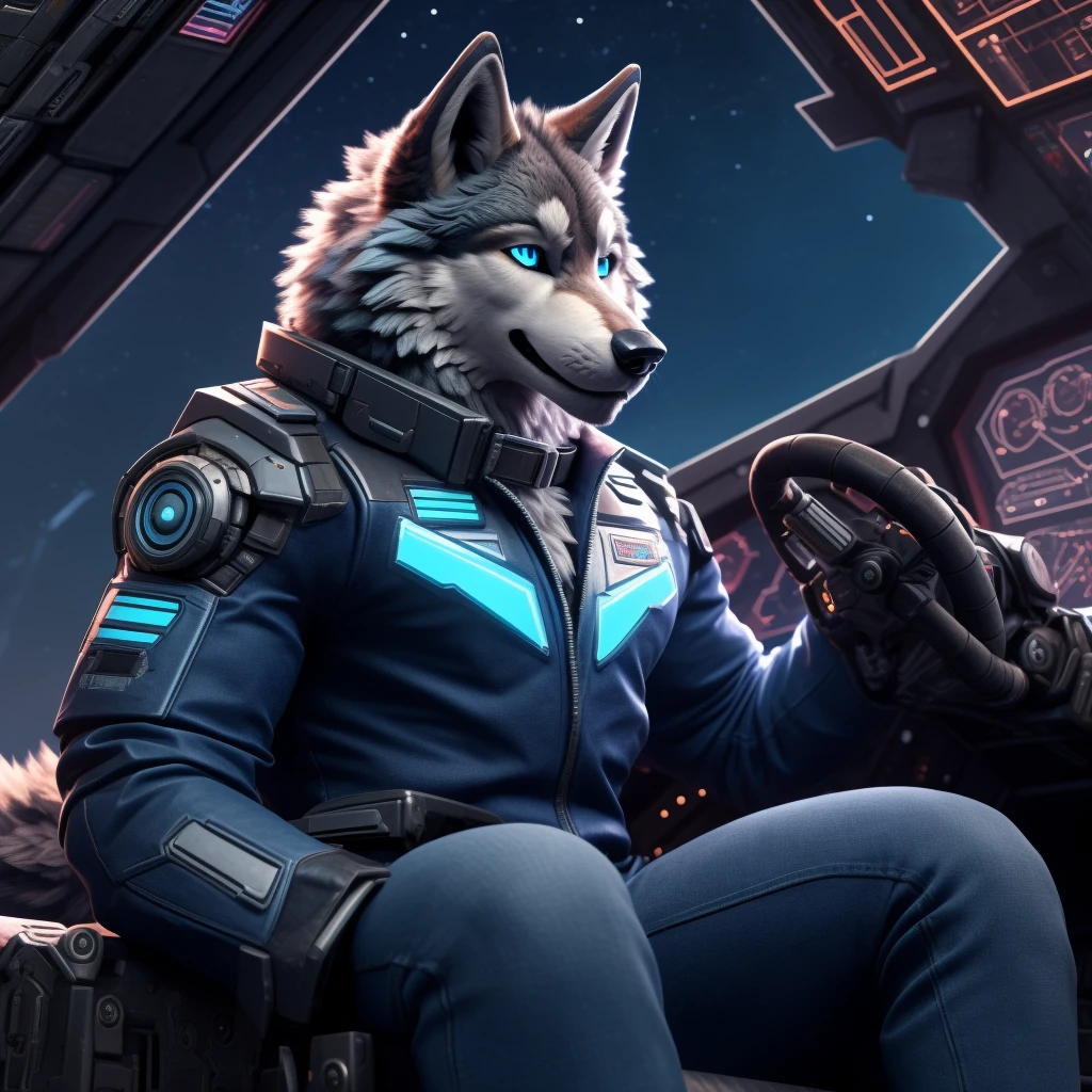 Sitting in chair, 1Male, 30 years old, cute, eyeliner, happy expression, black leather jacket, anthro, wolf ears, Timber wolf, (mech cockpit background:1.5), 8k, hi res, (best quality, masterpiece), (wolf tail:1.5), detailed fur, solo, collar, blue jeans, blue eyes. dynamic angle, ultra-detailed, night sky