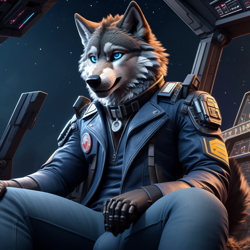 Sitting in chair, 1Male, 30 years old, cute, eyeliner, happy expression, black leather jacket, anthro, wolf ears, Timber wolf, (mech cockpit background:1.5), 8k, hi res, (best quality, masterpiece), (wolf tail:1.5), detailed fur, solo, collar, blue jeans, blue eyes. dynamic angle, ultra-detailed, night sky