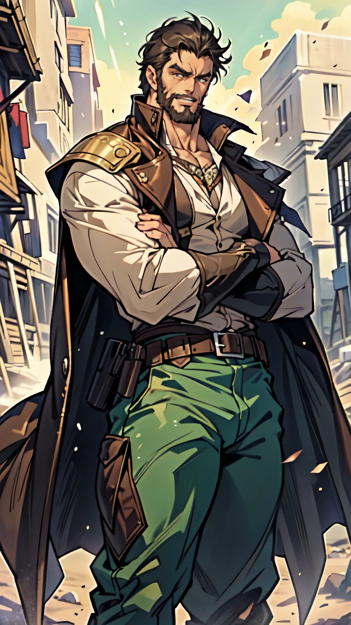 (masterpiece:1.2, best quality:1.2, extremely delicate:1.2), ((male:1.5)), a middle-aged man with short black and gold hair, rugged eyebrows, a full beard, downturned triangular eyes, an arrogant expression, mouth open laughing, a tall and robust build, a fantasy western-style cape and leather coat, his arms crossed over his chest, a leather utility belt, loose canvas trousers, standing majestically on a barren hillside, this character embodies a finely crafted fantasy western-style overlord in anime style, exquisite and mature manga art style, dramatic, high definition, highres, ultra-detailed, ultra-fine painting, professional, perfect body proportions, golden ratio, anatomically correct, symmetrical face, extremely detailed eyes and face, high quality eyes, creativity, RAW photo, UHD, 32k, Natural light, cinematic lighting, (masterpiece-anatomy-perfect:1.2)