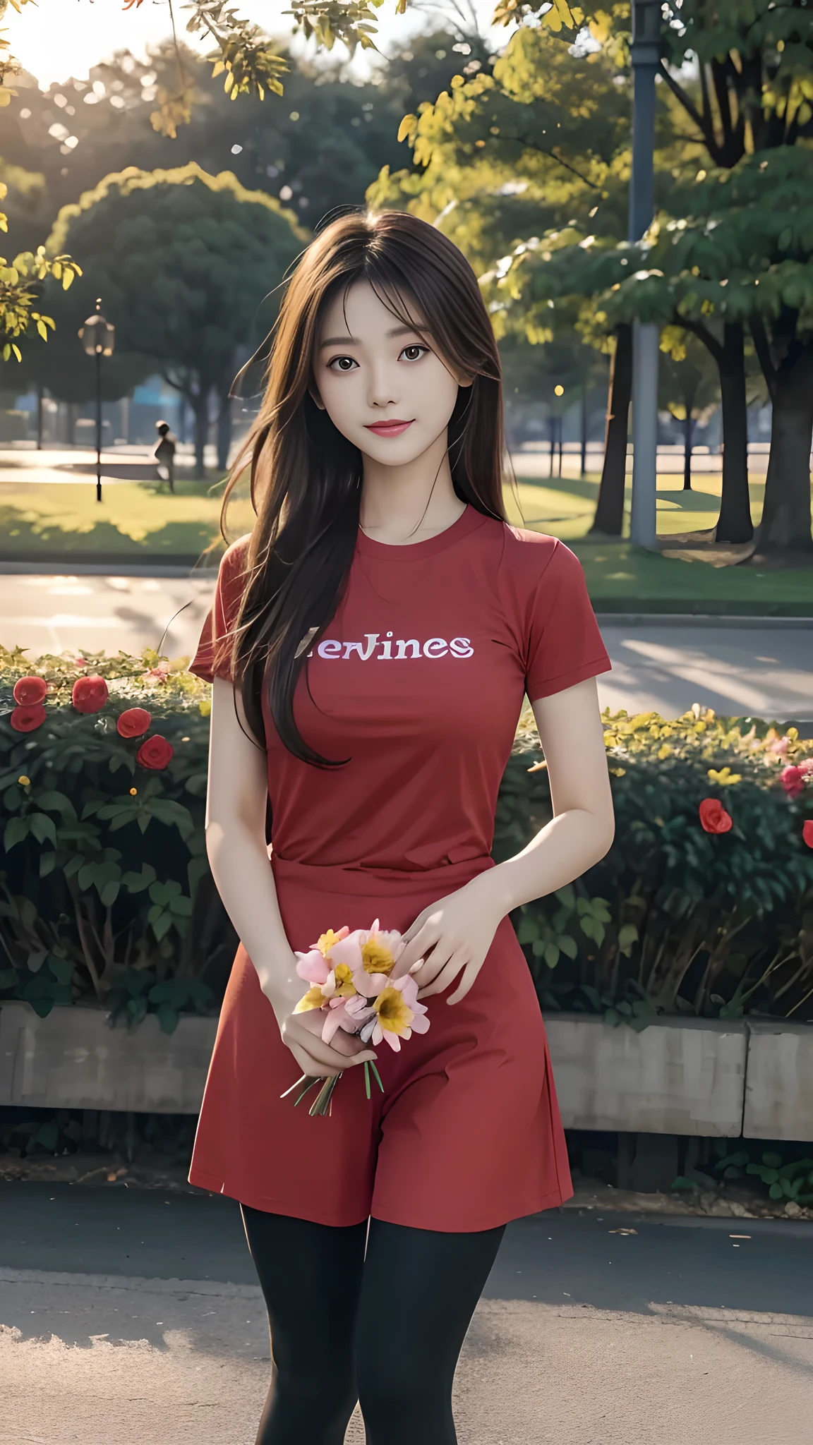 ulzzang-6500-v1.1, (RAW photo: 1.2), (Real photo), (Real photo: 1.4), 1 girl、Perfect anatomy、20 years old、Looking at the camera、Medium length hair、Red T-shirt, dress, Hand holding a bouquet of bright fresh flowers, ((in the park at sunset : 1.1))、(Hyperrealistic tights: 1.2), (Business service)、Asian eyes Ella,