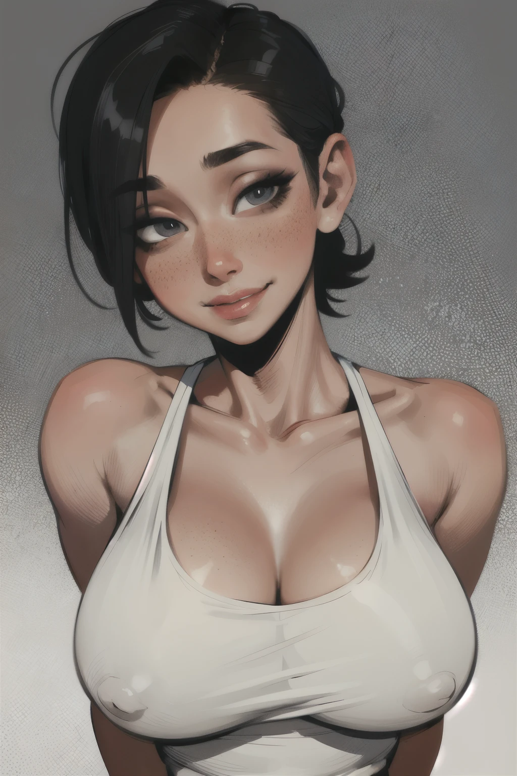 masterpiece, absurdres, (masterpiece), best quality, expressive smile, perfect face, short hair, black hair, fleshy mouth lips, freckles on face, white tank top, black jacket over tank top, close up, portrait, pale-skinned female, large breasts, cleavage, (masterpiece), best quality, expressive eyes, perfect face, ((correct anatomy)), ultra detail, 8k wallpaper, detailed character design, ultra-high resolution, perfectly composed, clear, rating_questionable, (detailed lighting), huge breasts, gorgeous girl, stylish girl, bra strap, milf, mature female, naughty smile