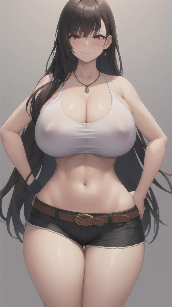 (masterpiece:1.2), (Highest quality:1.2)
One girl, alone, Long Hair, chest, View your viewers, blush, smile, Simple Background, shirt, Black Hair, White Background, chestの谷間, jewelry, Thighs, Shorts, belt, necklace, Covered nipples, Hands on hips, thick Thighs, Large areola, gigantic chest