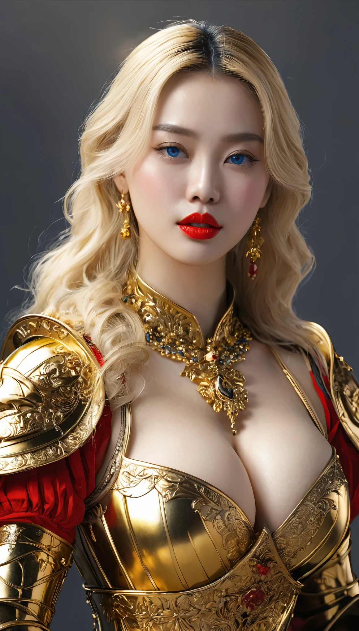 masterpiece,Highest quality,wonderful,(womanの騎士_woman:1),(Golden Armor:1.3), (35歳のwoman騎士:1.3),、Big and ample breasts,,Hyper Real,中世ヨーロッパの都市のbattlefieldにいる,Expressionless,、イギリス人woman、Delicate skin texture to the smallest detail 、(Detailed blue eyes)、(Chubby body type))、(Very large breasts)、中年woman、(ふわふわblondeの長い髪)、Sunburned skin、(blonde)、(((Very large breasts)))、woman騎士、(((Big cleavage)))、Richly decorated gold armor、Medieval witch、Golden long boots with flashy decorations、Deep neckline、Pure gold and jewellery necklaces and collars、Large gold earrings、Bright red lips、Dressed in luxurious gold armor、Gold Long Gloves、She has a big long sword、The sword is ornately decorated..........................、The blade is pitch black、(woman騎士)、(battlefield)、