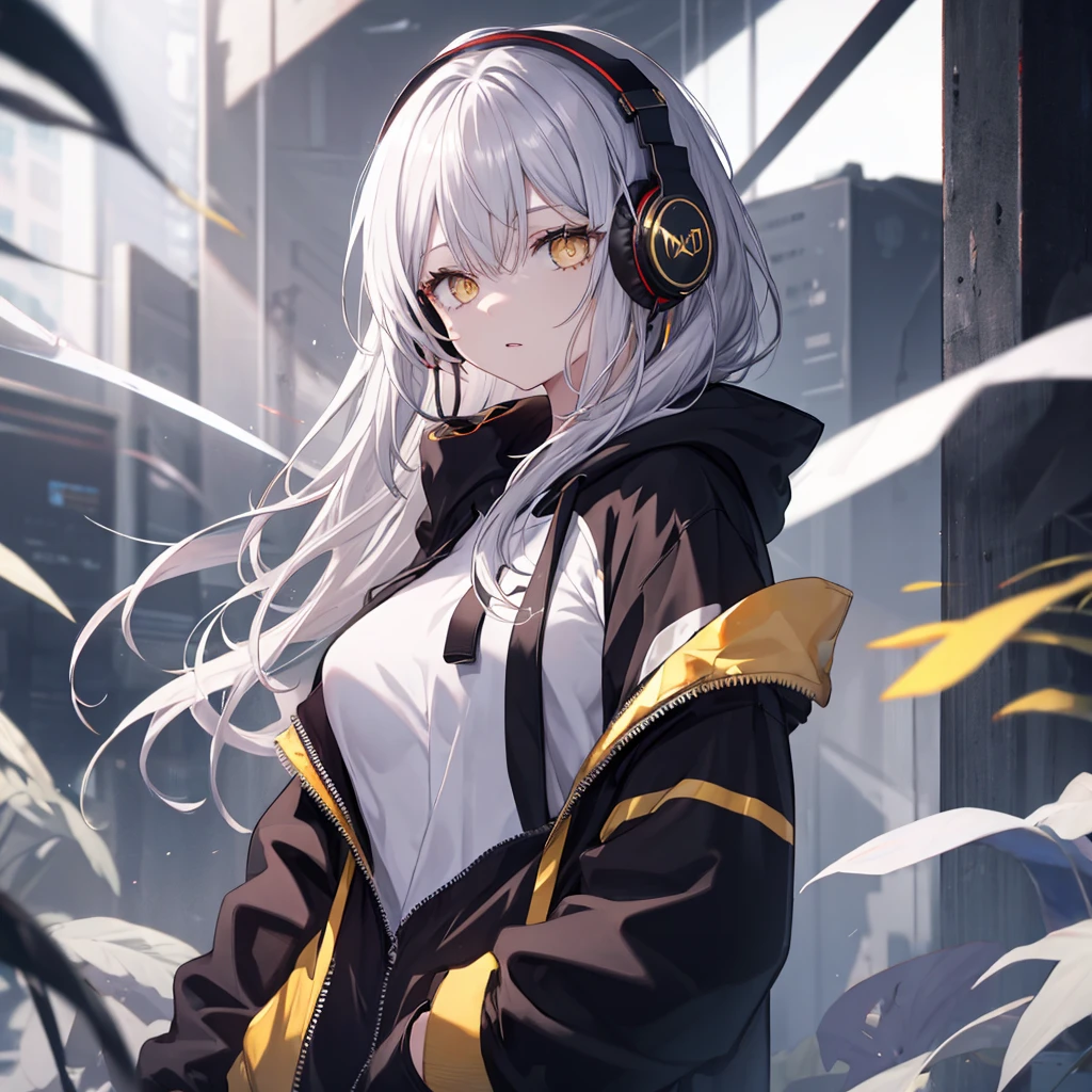Golden Eyes、woman、Breasts、Silver Hair、Semi-long hair、Put on some cool headphones,
Black hoodie oversized,
MytH, beautiful and delicate
Golden Eyes、Black clothes,Solo,
Near future