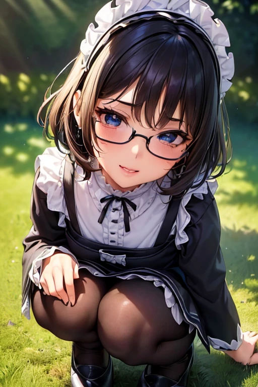 #基本
A girl is posing for a photo, ((One Girl)), (((Baby Face:1.2)) + ((cute:1.3))),
#A girl is posing for a photo, ((One Girl)), (((Baby Face)) + ((cute)) + 16 years old),
break
#Clothing Accessories
(((Black and white)Gothic Lolita style maid outfit) : Elegant + (Dirndl) + Gothic Lolita Fashion + Dark Gothic Lolita + (black corset) + ((Black and white)Headdress) + (White apron)), (Low denier black pantyhose:1.4), (Black High Heels), ((Black frame glasses)),
(Gold hoop earrings), (Silver Necklace),
break
#Features
((Black Hair)), (The forehead is visible:1.5), (Pixie Cut Hair : Very short hair + Curly hair + Hair that bounces out + Messy Hair),
((Droopy eyes), (Kind eyes), (blue eyes), (Big eyes:1.4)), (Small breasts),
break
#background environment
(noon, (The garden of a large Western-style mansion + grass + Garden of roses + The sun shines on the girl)),
#Facial Expression Pose
((smile:1.3), blush), ((squat:1.3), (Put your hand on your chin)),
#composition
(To the camera, (Focus from the side), (Cowboy Shot)),
break
#Body parts elements
(Slim figure),
(Detailed Hair, Beautiful Hair, Shiny Hair),
((Thin eyebrows), double eyelid, Long eyelashes),
((Expression of fine eyes), (Beautiful and delicate eyes), (Sparkling eyes), Eye Reflexes, Glitter Eyeliner),
(Human Ear),
(Beautiful Nose, Thin Nose),
(Glossy Lips, Beautiful Lips, Thick lips, Glossy Lips, Natural Cheeks),
((Detailed face), Symmetrical facial features),
((Detailed skin), Textured skin, Beautiful Skin, Glowing Skin, (Oily skin)),
break
#Quality Image Quality Common
(((Highest quality)), ((masterpiece)), ((Very detailed))), ((Ultra-high resolution)), ((16K, 1080P)), ((FHD)),
(Anatomically correct), (Realistic), (3DCG), (oil),
#Quality image illustration
((comics, anime)), (CG illustration),
#Quality Image Quality Other
(Line art), (Oil pastel),