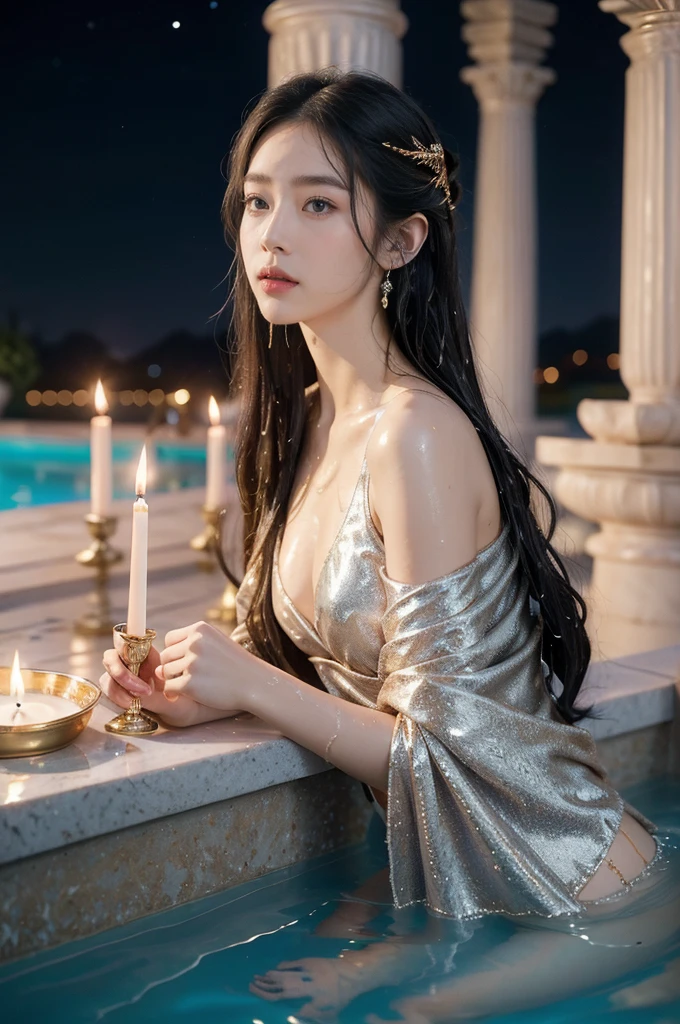 (((best quality))),(((ultra detailed))),(((masterpiece))),illustration,((1 beautiful young girl,solo)),(shoulder length straight hair:1.2),(((sweat,wet,shiny skin))),((slim,thin)),((small breasts,flat chest)),summer,(night scene:1.3),((Ancient Roman style,male public Bathhouse,opulent architecture)),(indoor:1.3),delicate translucent shawl,floating,(in bathing pool:1.3),almond-shaped eyes,mysterious allure,fair complexion,intricate patterns,embellishments,rich hues,deep blues,purples,shades of gold,silver,million tiny stars,mesmerizing twinkle,Marble columns,ornate statues,frescoes,perfumes,incense,indulgence,relaxation,magnificent centerpiece,mosaics,intricate patterns,candles,timeless realm,ancient Roman traditions,modern aesthetics,beauty,grace,embodiment,impression on viewer,(surrounded by crowded crowds of men:1.3),((from front,upper body))