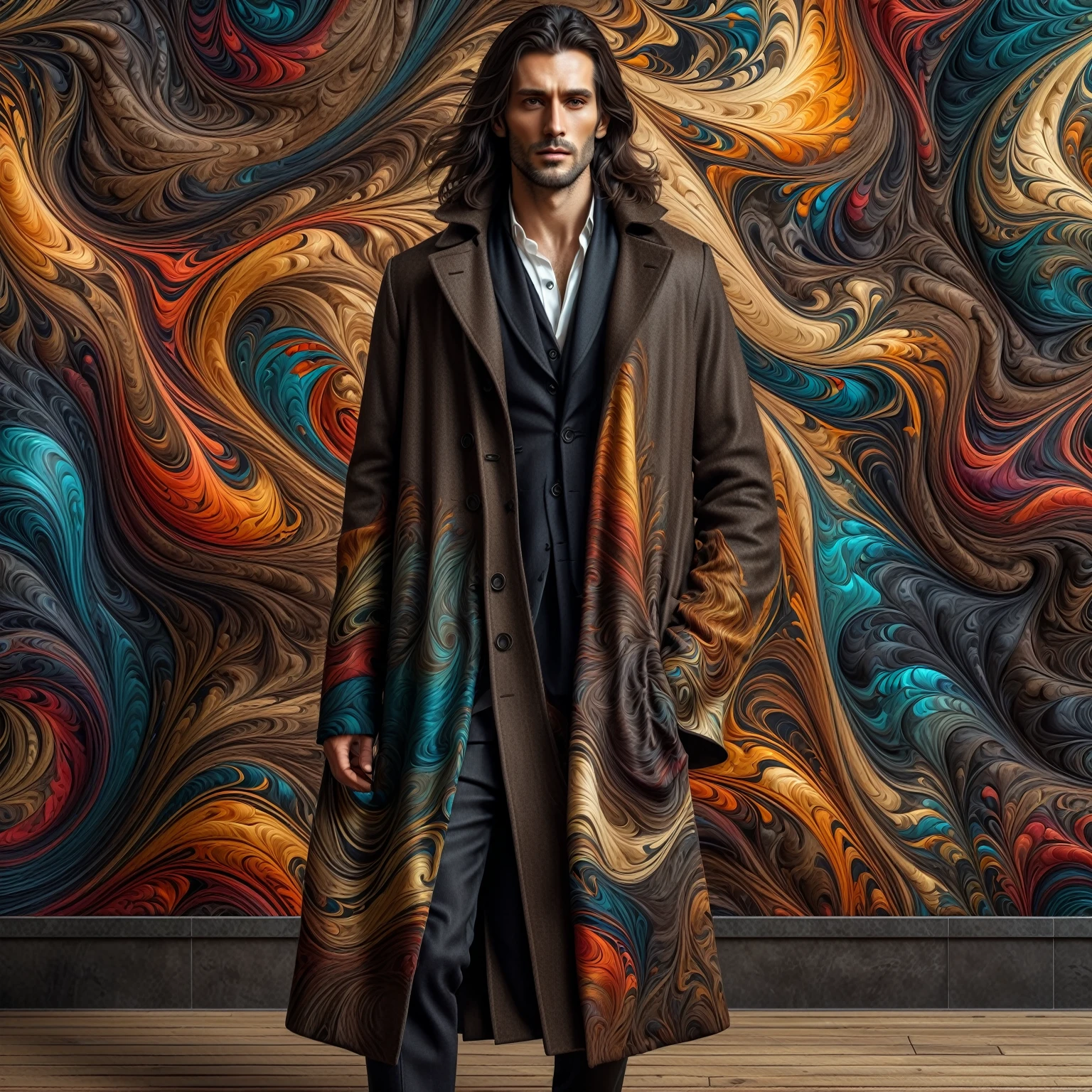 Handsome dark long-haired man in a flowing brown coat, shirtless, in full growth, high definition, HD, hyperrealism, seamless fabric pattern 8k, weave, hdr fabric textures, seamless texture, abstract texture, cross hatched, wooden match sticks 4k texture, intricate texture, detailed clothes texture, tileable texture, high resolution texture, stylised textures, detailed texture, fractal texture, hyperdetailed texture, stylized layered textures