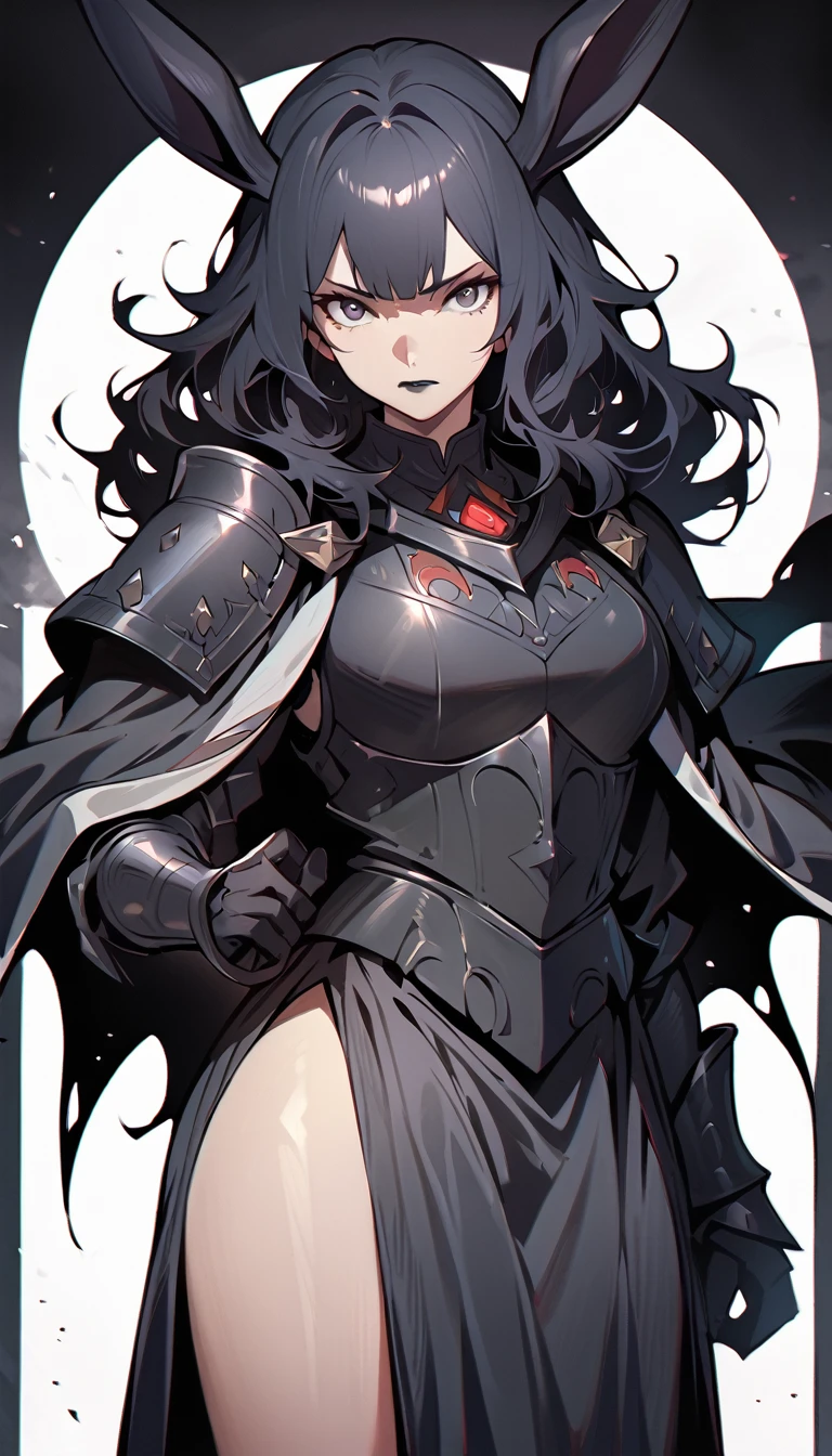 (high quality, 8k, 4K, high contrast, artwork:1.2, high quality, best aesthetics), (centered), ((1 woman)), mature body, super detailed, beautiful face detailed, beautiful eyes detailed, detailed beautiful mouth, (long wavy black hair), (black eyes), (serious expression), (piercing gaze), (looking at viewer), (black lipstick), (front view), (standing), (robust and imposing black medieval armor), (shoulder pads), (long black cape), (black bunny ears)