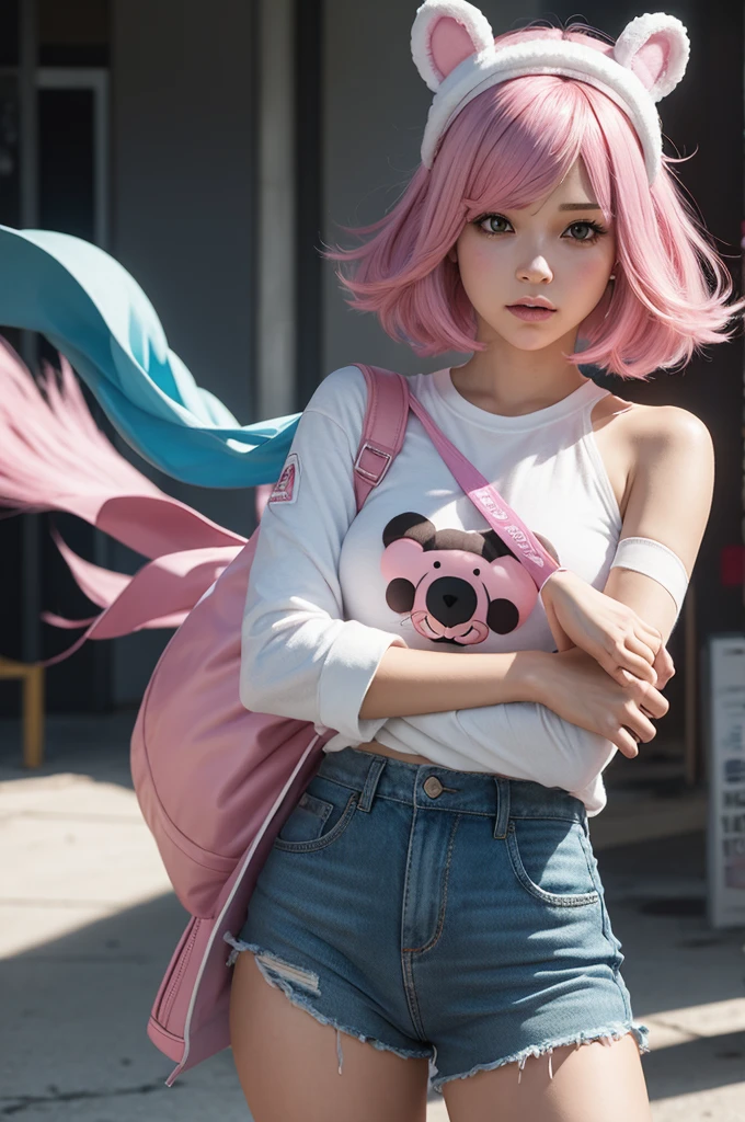 Personagem game free fire: pink hair with a white bear headband