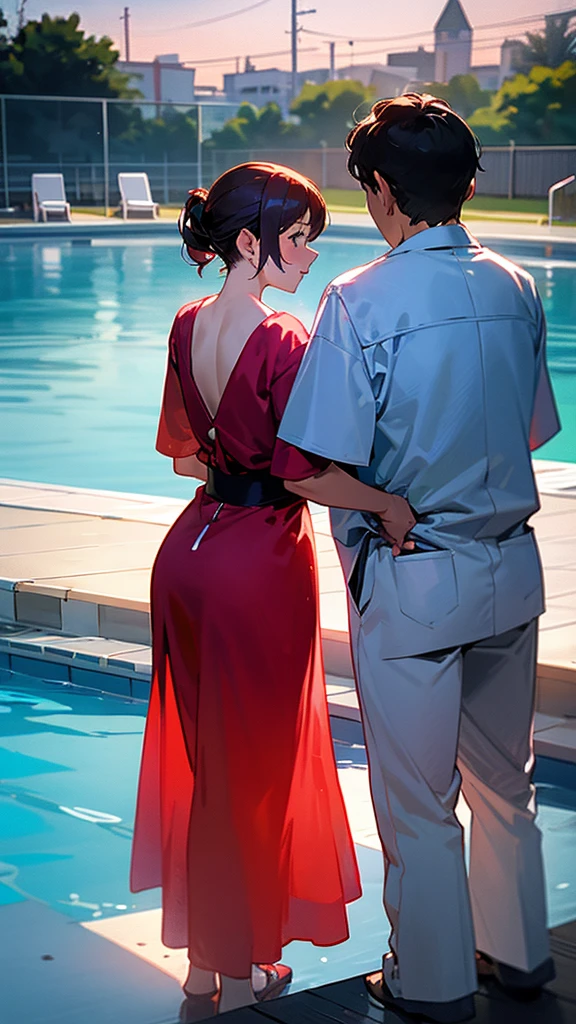 A couple is romace in the swimming pool. The couple is wearing short clothes. The girl has big hips. It is evening.