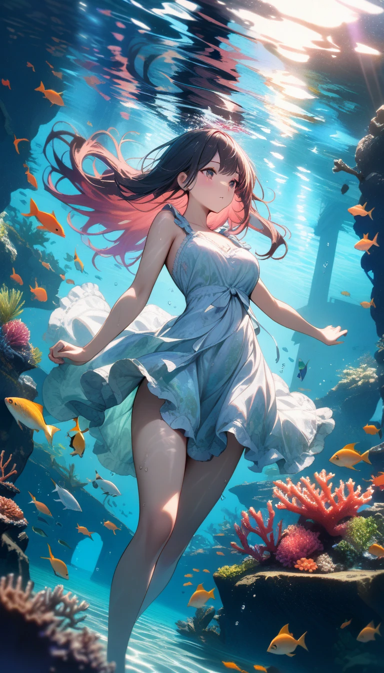 ((best quality)) , ((masterpiece)) , (detailed),Color splash, (((1girl))) , wearing Shabby Chic Wrap dress, has metallic plating, Colored hair, Fossil fuel power station in background,((underwater)),(beautiful detailed water),((coral)),dynamic angle, floating,(detailed light),floating hair,(splash),((fishes)),leaves dress, feather, nature,(sunlight),(underwater forest),(bloom),(detailed glow),drenched, seaweed, fish,(((Tyndall effect)))